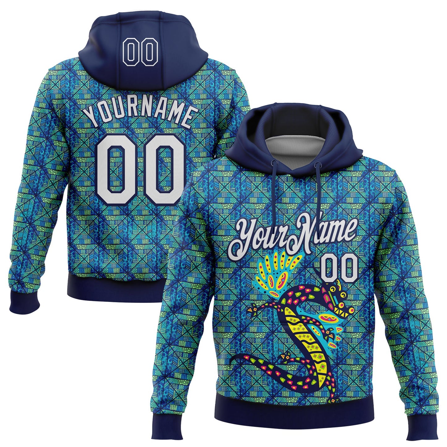 Custom Stitched Navy White-Aqua 3D Pattern Design Animal Dragon Geometric Shape Sports Pullover Sweatshirt Hoodie - Main View