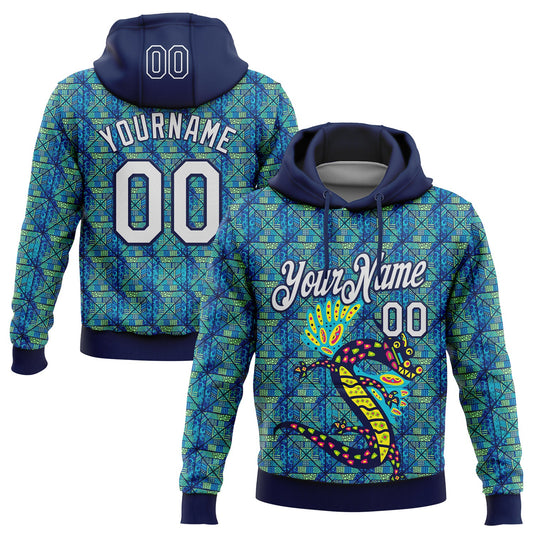 Custom Stitched Navy White-Aqua 3D Pattern Design Animal Dragon Geometric Shape Sports Pullover Sweatshirt Hoodie - Main View