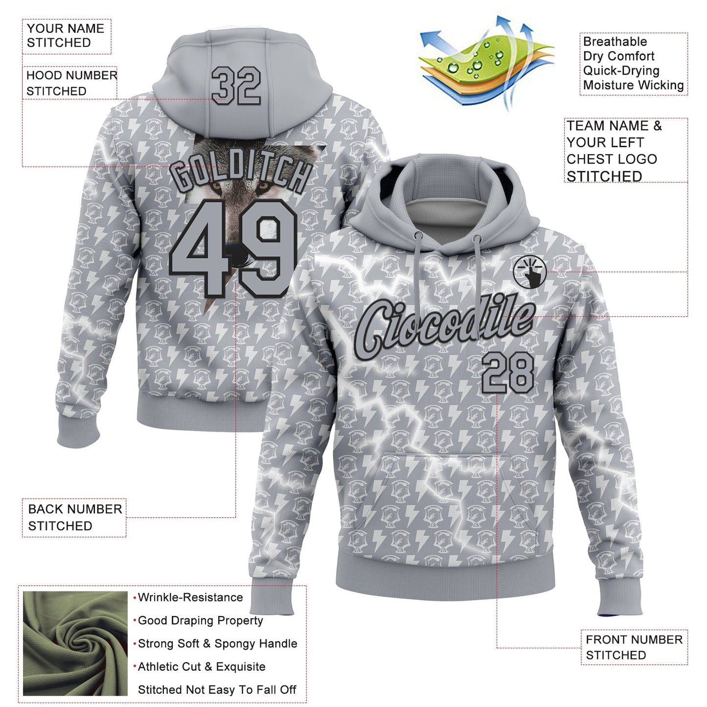 Custom Stitched Gray White-Black 3D Pattern Design Lightning Sports Pullover Sweatshirt Hoodie view 2