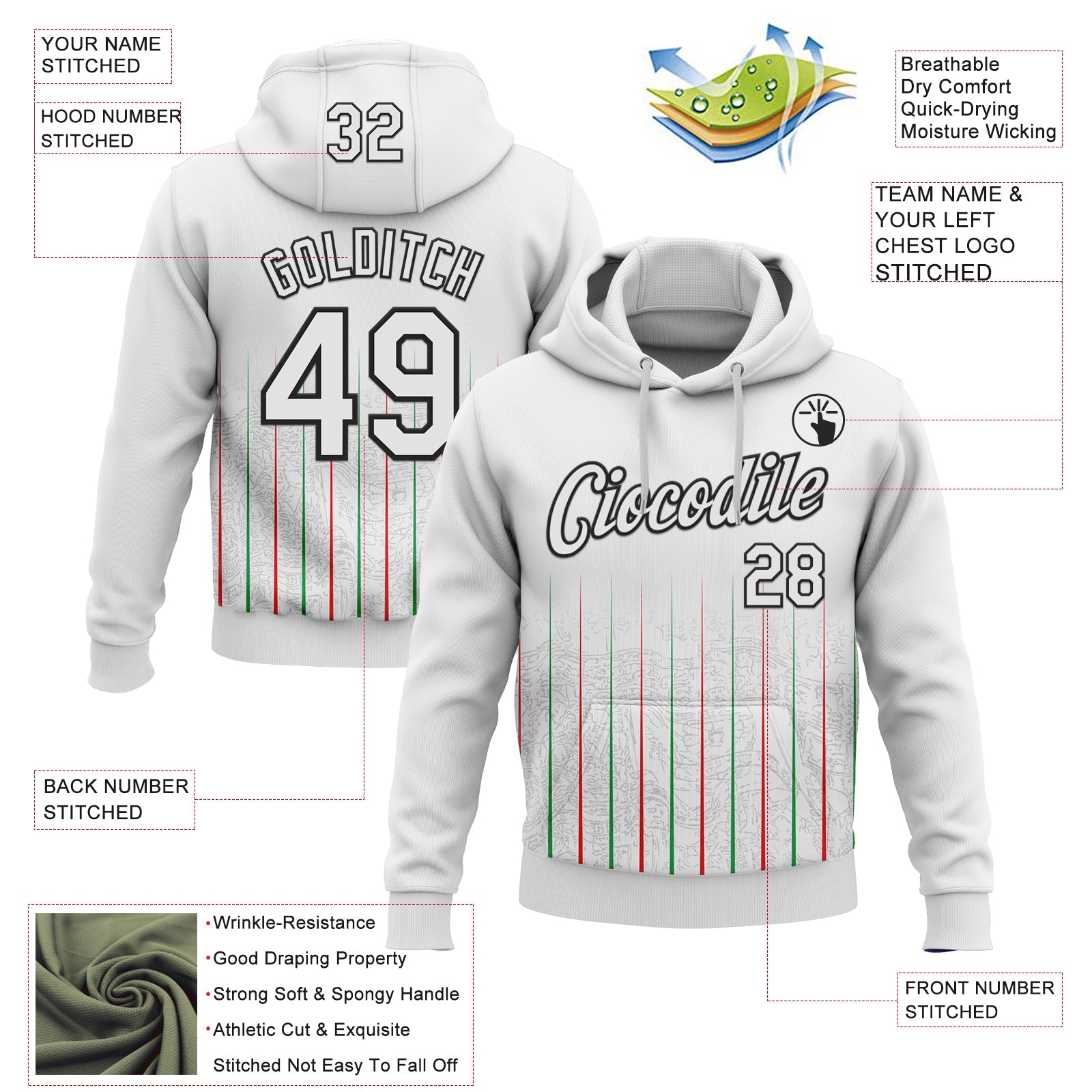 Custom Stitched White Red Green-Black 3D Pattern Design Line Sports Pullover Sweatshirt Hoodie view 2
