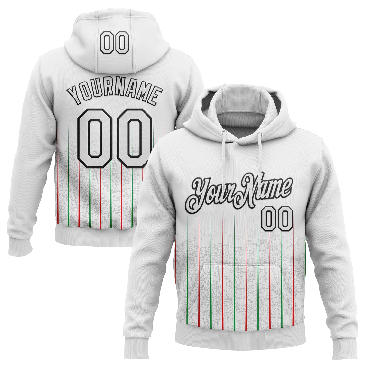 Custom Stitched White Red Green-Black 3D Pattern Design Line Sports Pullover Sweatshirt Hoodie - Main View