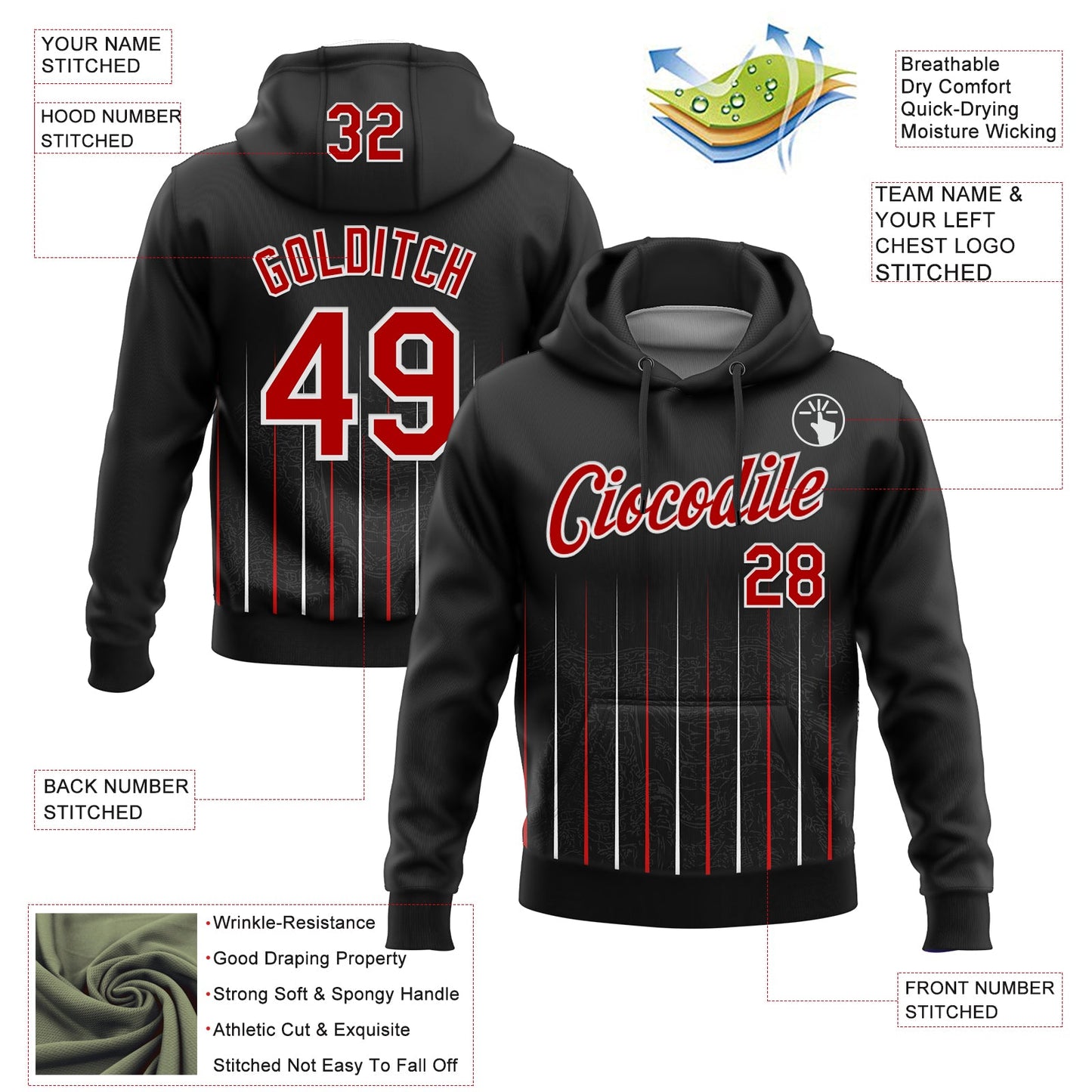 Custom Stitched Black Red-White 3D Pattern Design Line Sports Pullover Sweatshirt Hoodie view 2