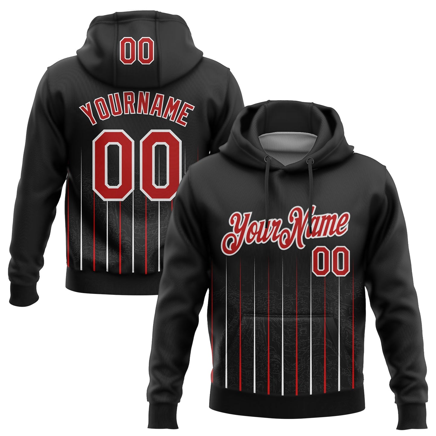 Custom Stitched Black Red-White 3D Pattern Design Line Sports Pullover Sweatshirt Hoodie - Main View