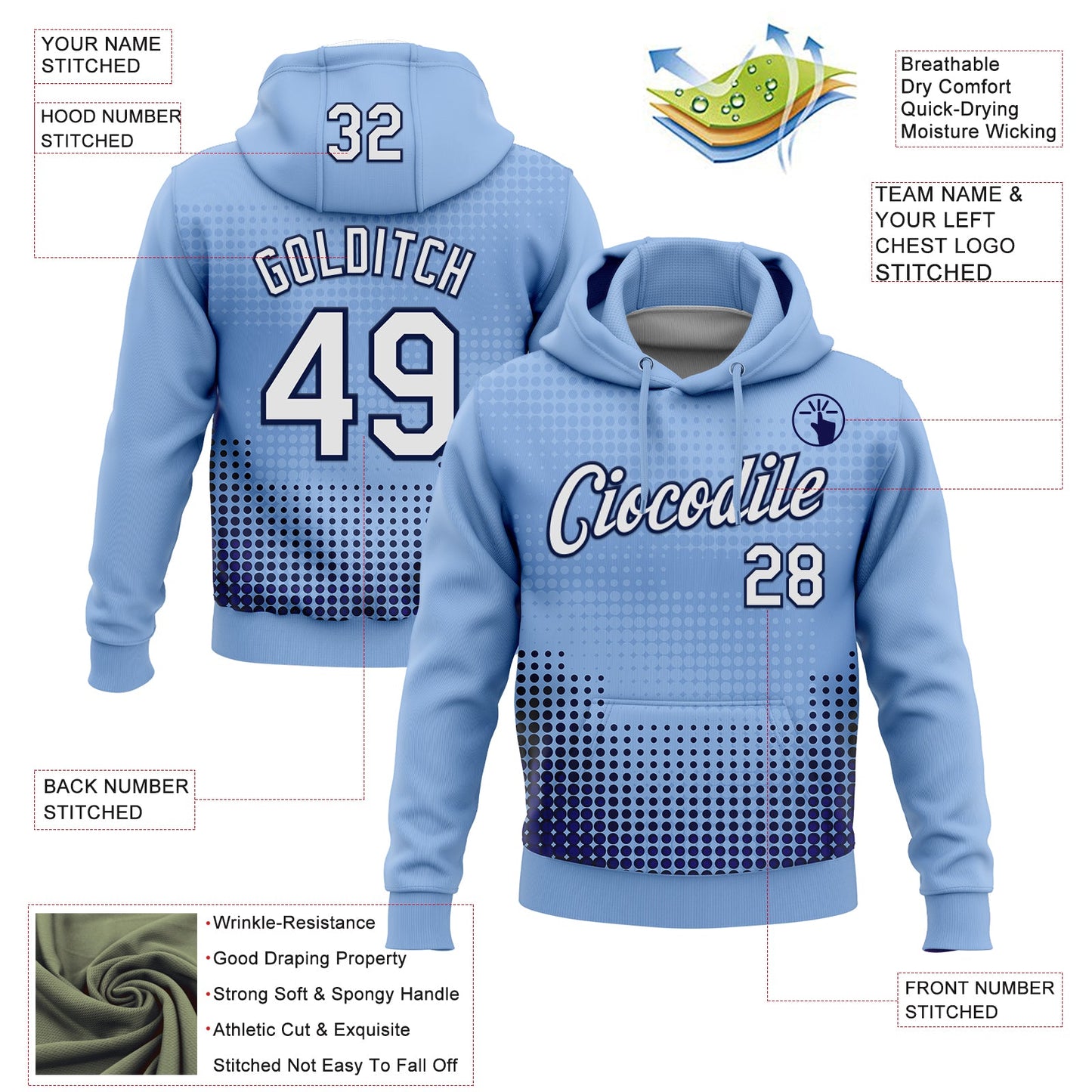 Custom Stitched Light Blue White Navy-Black 3D Pattern Design Modern Polka Dot Sports Pullover Sweatshirt Hoodie view 2