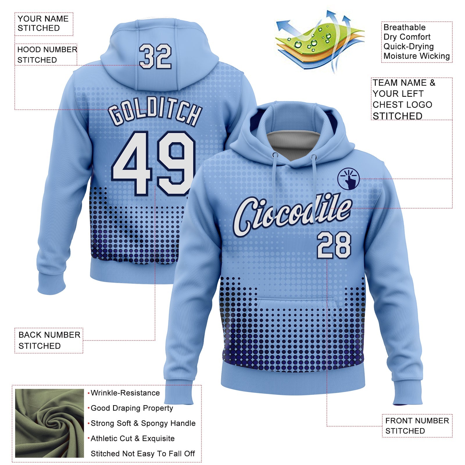 Custom Stitched Light Blue White Navy-Black 3D Pattern Design Modern Polka Dot Sports Pullover Sweatshirt Hoodie view 2