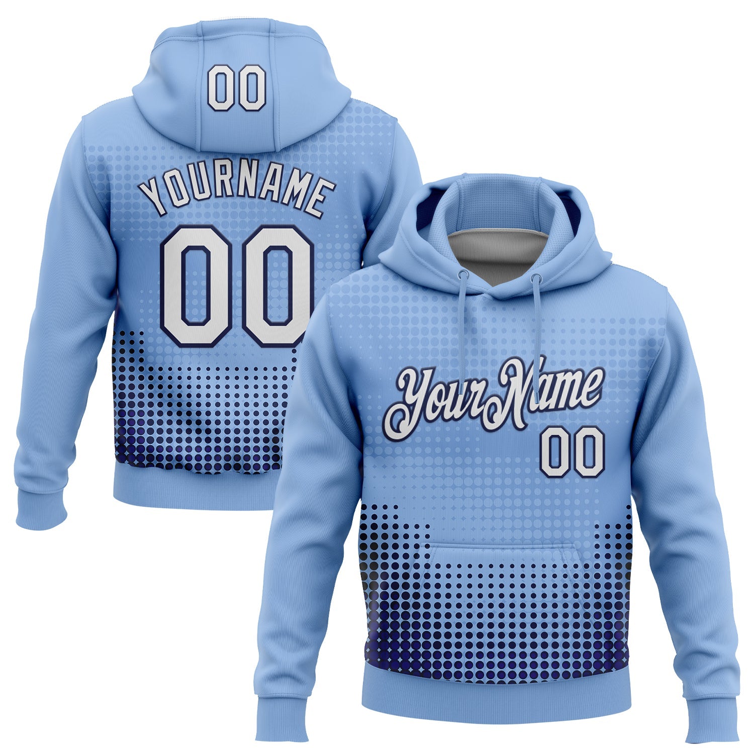 Custom Stitched Light Blue White Navy-Black 3D Pattern Design Modern Polka Dot Sports Pullover Sweatshirt Hoodie - Main View