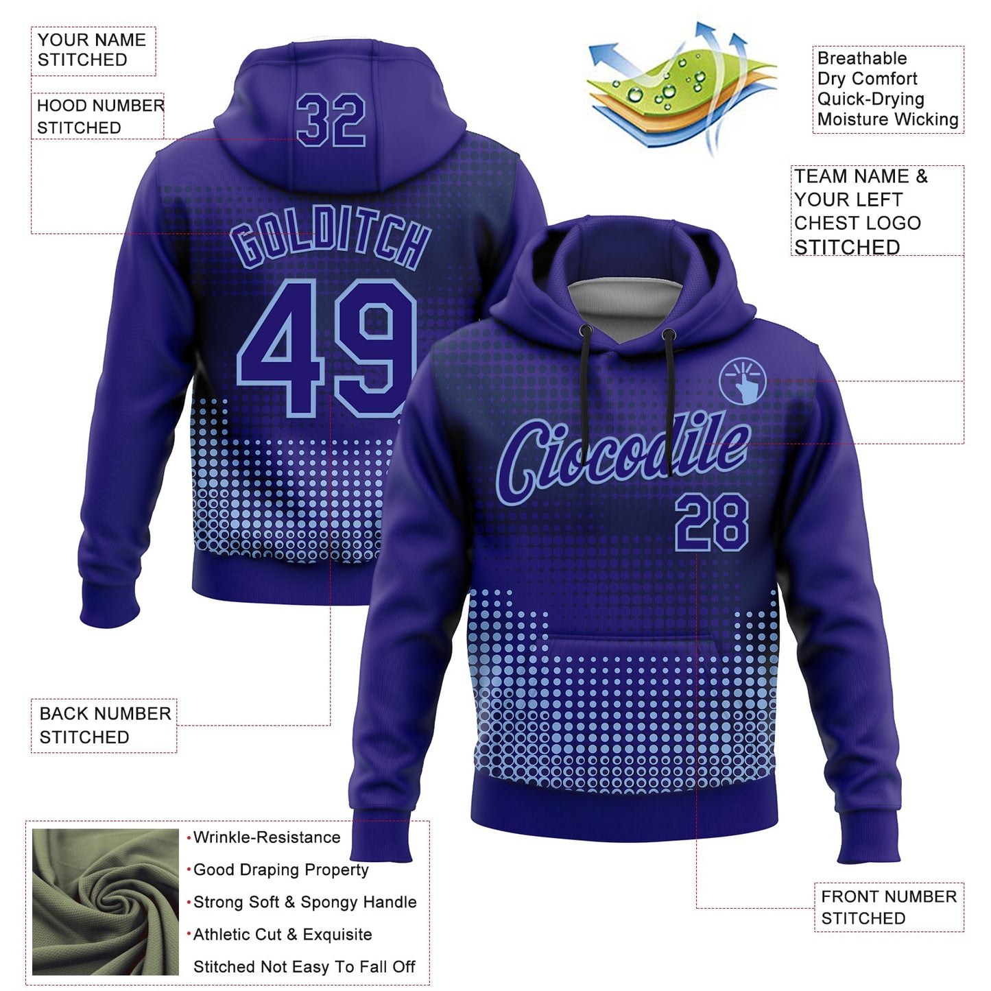 Custom Stitched Dark Purple Light Blue-Navy 3D Pattern Design Modern Polka Dot Sports Pullover Sweatshirt Hoodie view 2
