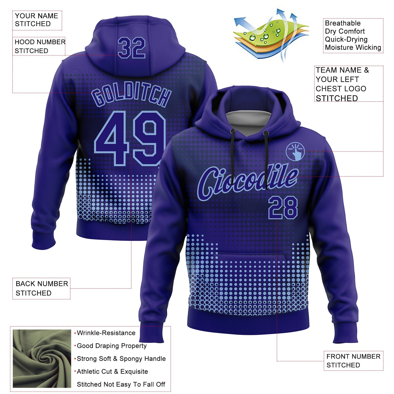 Custom Stitched Dark Purple Light Blue-Navy 3D Pattern Design Modern Polka Dot Sports Pullover Sweatshirt Hoodie view 2