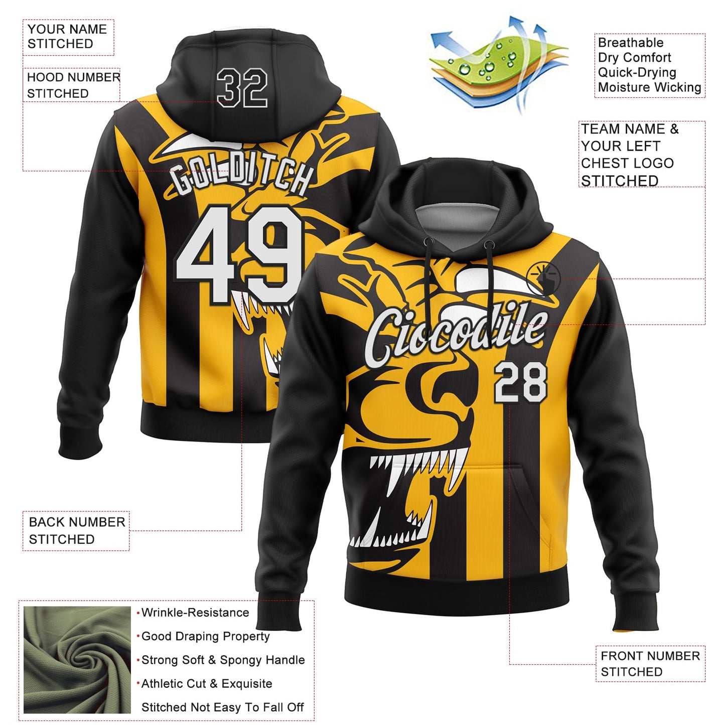 Custom Stitched Black White-Gold 3D Pattern Design Animal Sports Pullover Sweatshirt Hoodie view 2