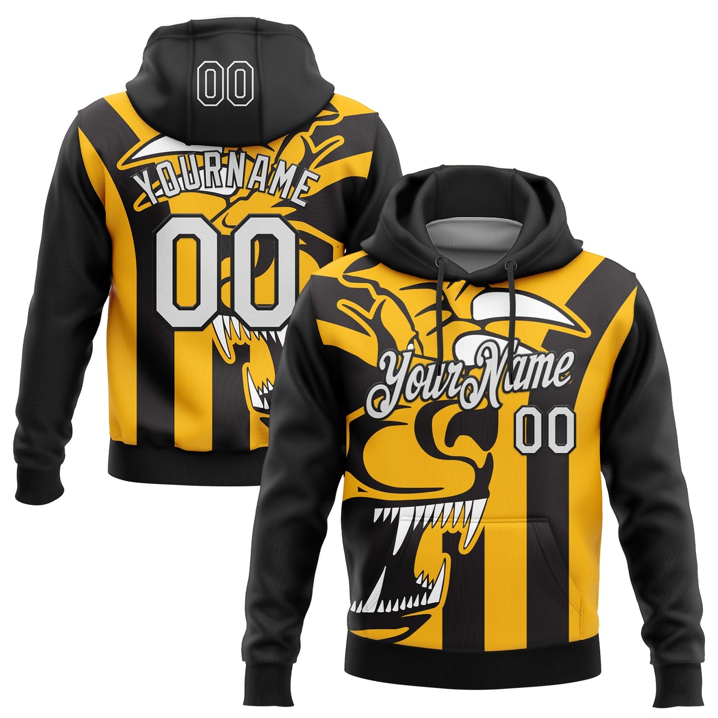 Custom Stitched Black White-Gold 3D Pattern Design Animal Sports Pullover Sweatshirt Hoodie - Main View