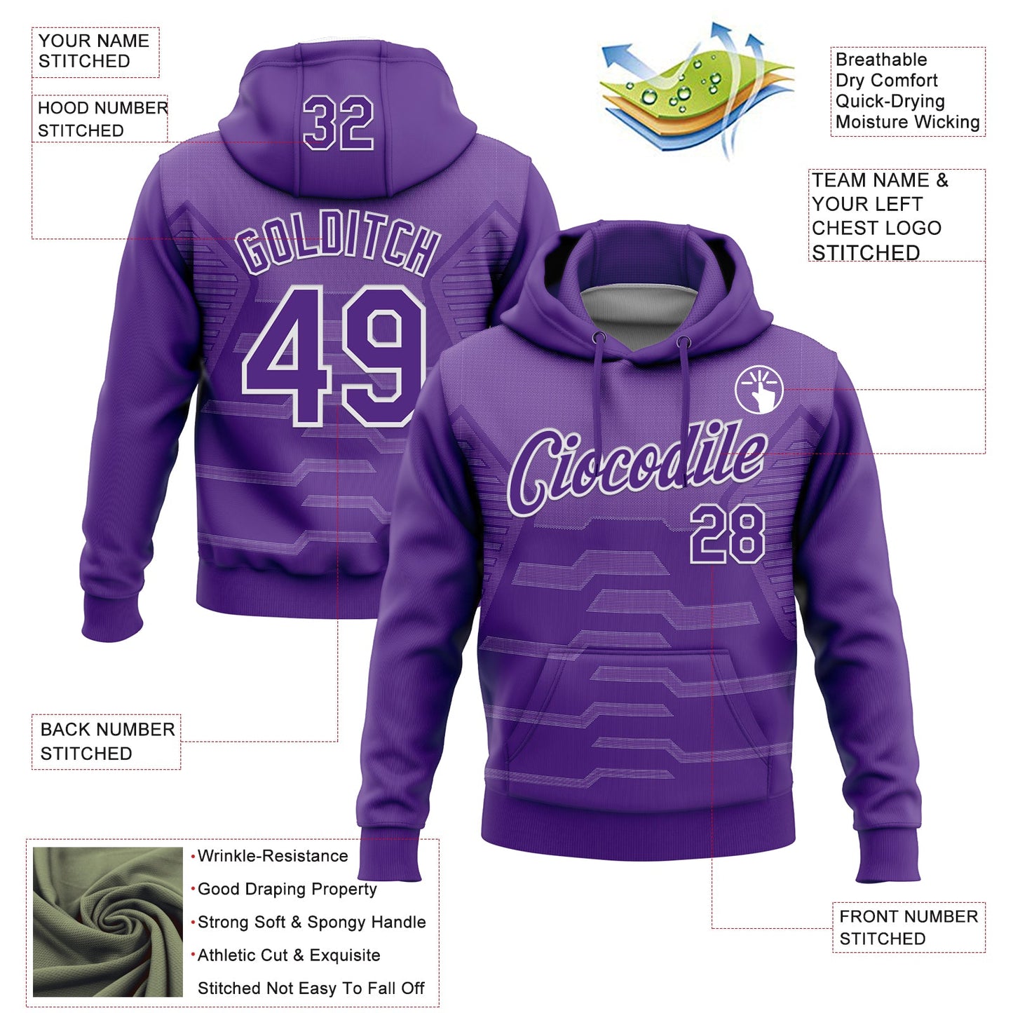 Custom Stitched Purple White 3D Pattern Design Geometric Shape Sports Pullover Sweatshirt Hoodie view 2