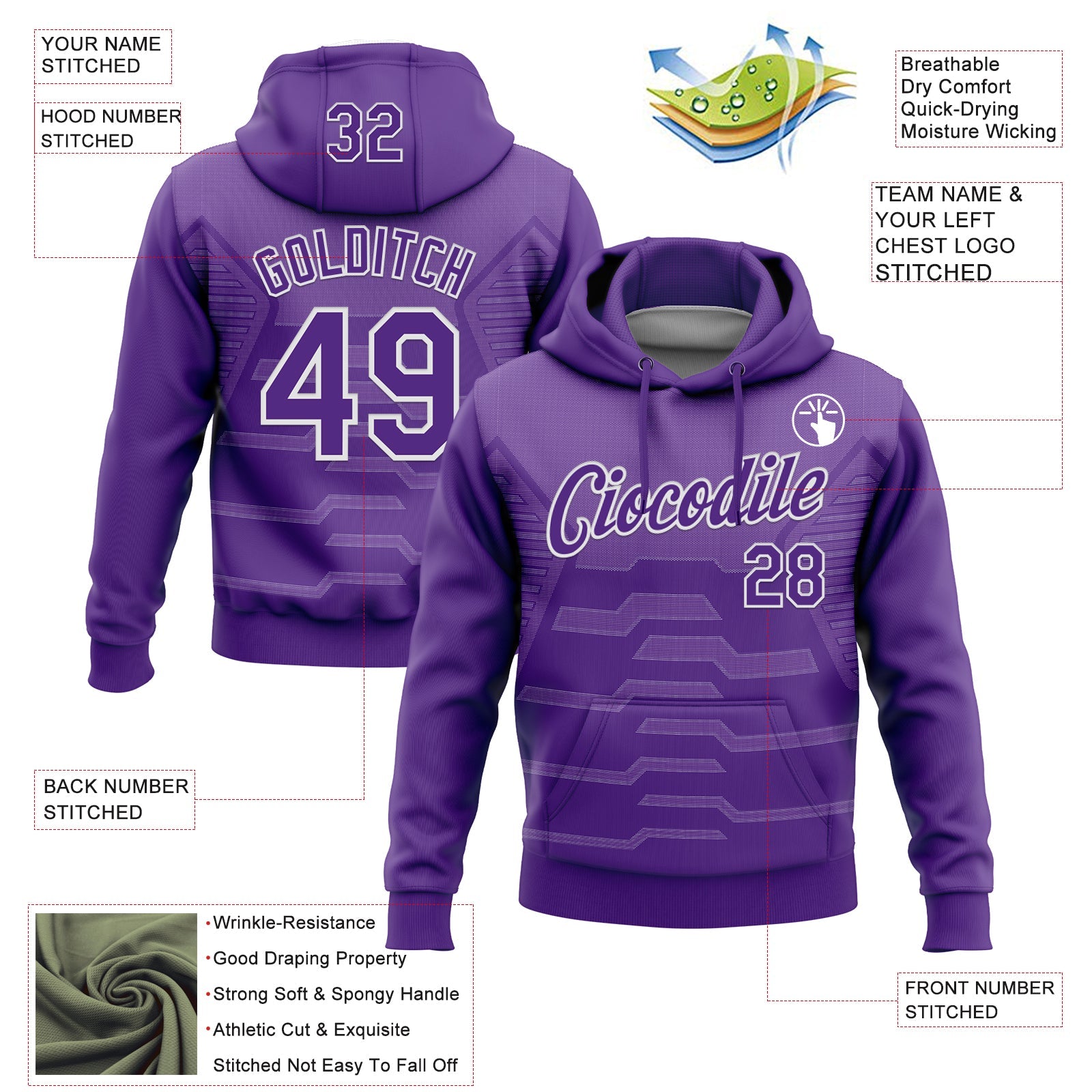 Custom Stitched Purple White 3D Pattern Design Geometric Shape Sports Pullover Sweatshirt Hoodie view 2