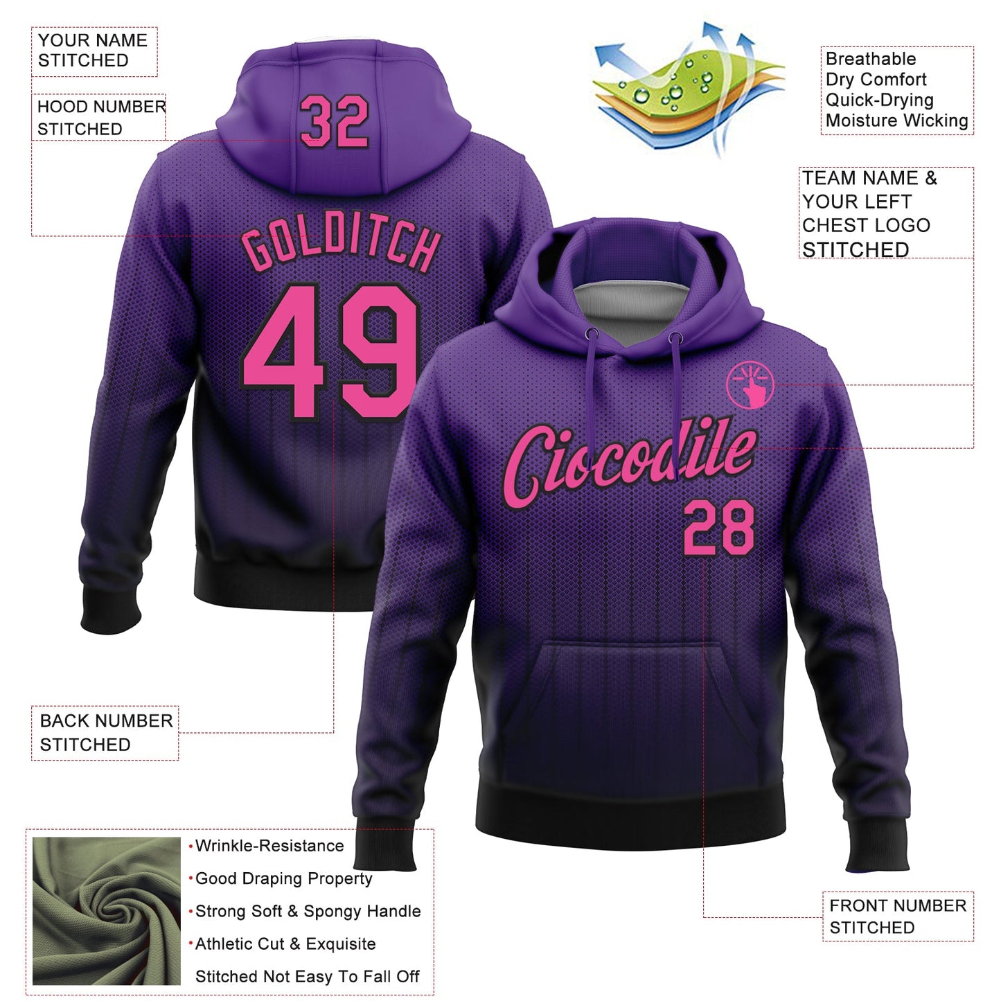 Custom Stitched Purple Pink-Black 3D Pattern Design Fade Geometric Shape Sports Pullover Sweatshirt Hoodie view 2