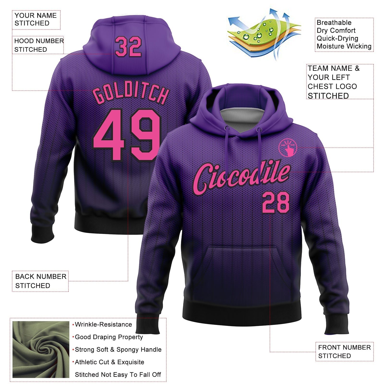 Custom Stitched Purple Pink-Black 3D Pattern Design Fade Geometric Shape Sports Pullover Sweatshirt Hoodie view 2