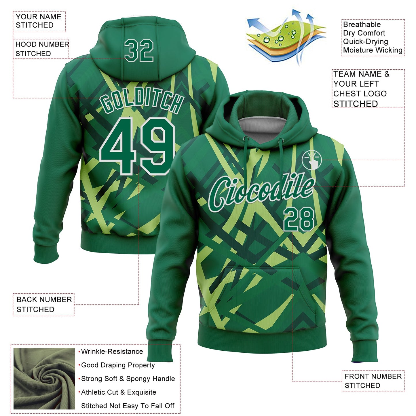 Custom Stitched Green Kelly Green-White 3D Pattern Design Geometric Shape Sports Pullover Sweatshirt Hoodie view 2