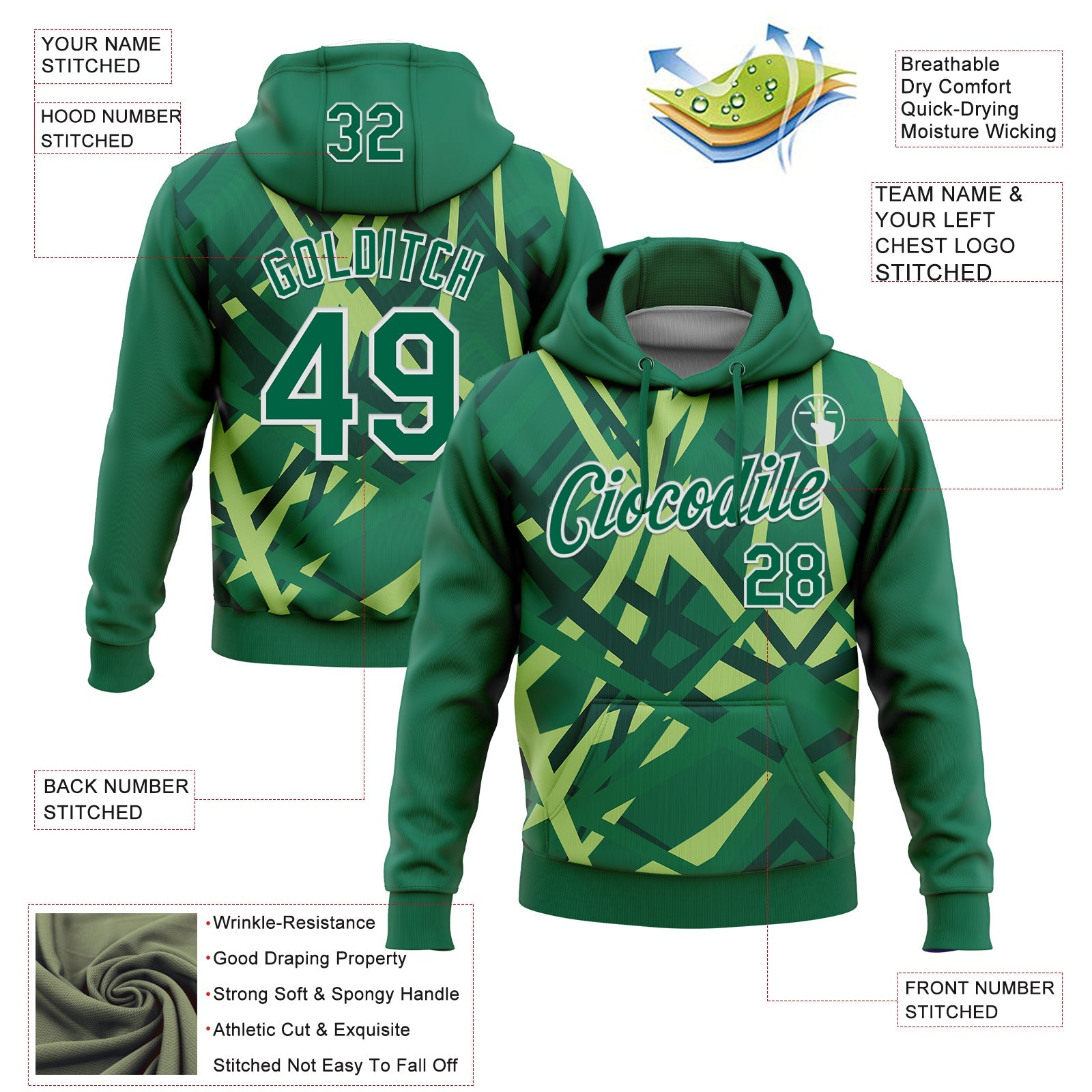 Custom Stitched Green Kelly Green-White 3D Pattern Design Geometric Shape Sports Pullover Sweatshirt Hoodie view 2