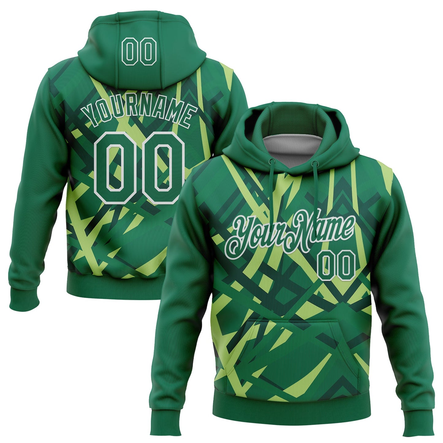 Custom Stitched Green Kelly Green-White 3D Pattern Design Geometric Shape Sports Pullover Sweatshirt Hoodie - Main View