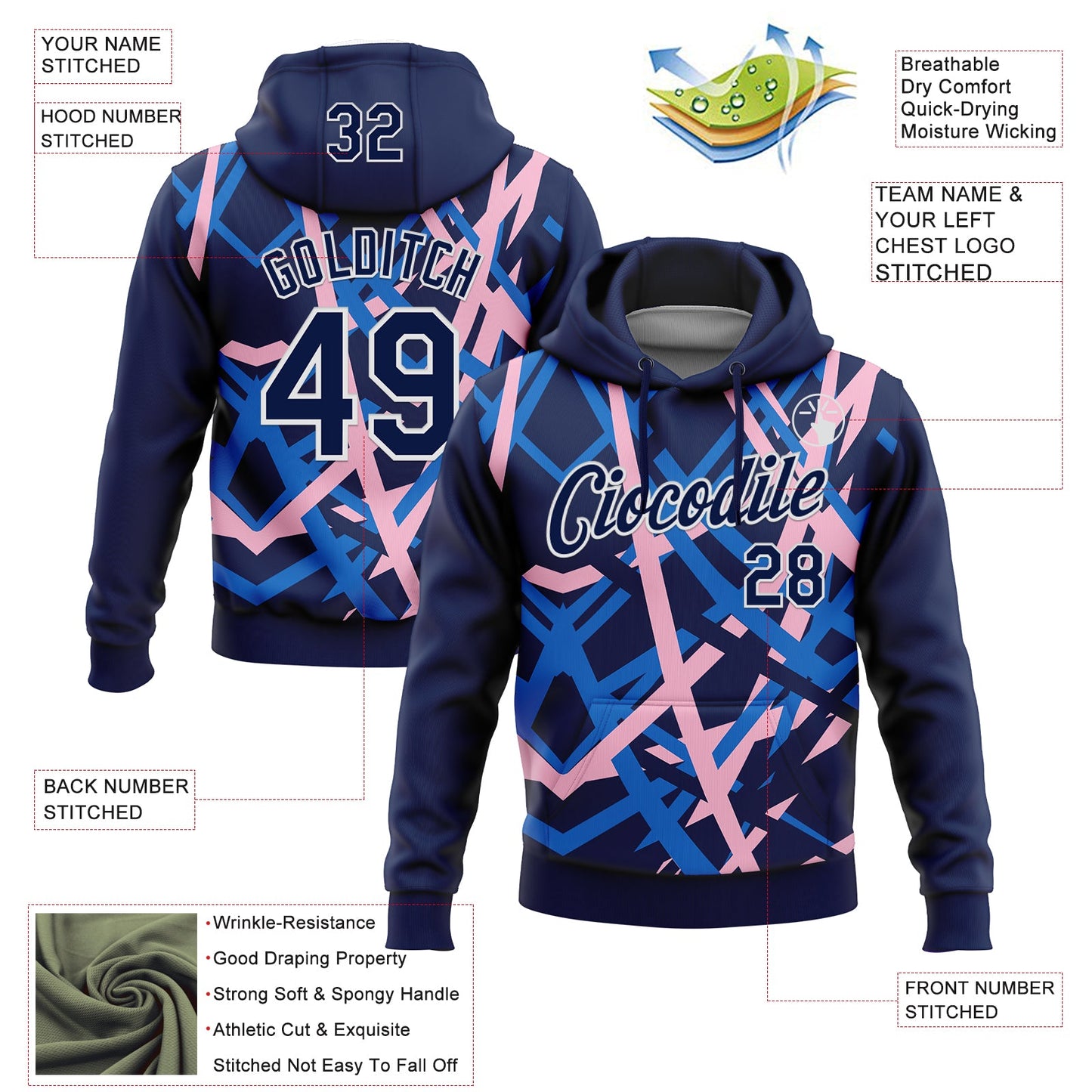 Custom Stitched Navy Blue Light Pink-White 3D Pattern Design Geometric Shape Sports Pullover Sweatshirt Hoodie view 2
