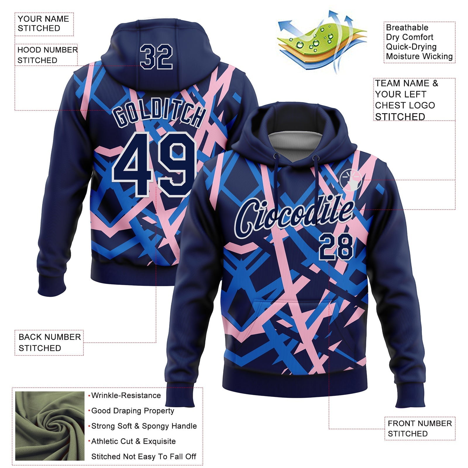 Custom Stitched Navy Blue Light Pink-White 3D Pattern Design Geometric Shape Sports Pullover Sweatshirt Hoodie view 2