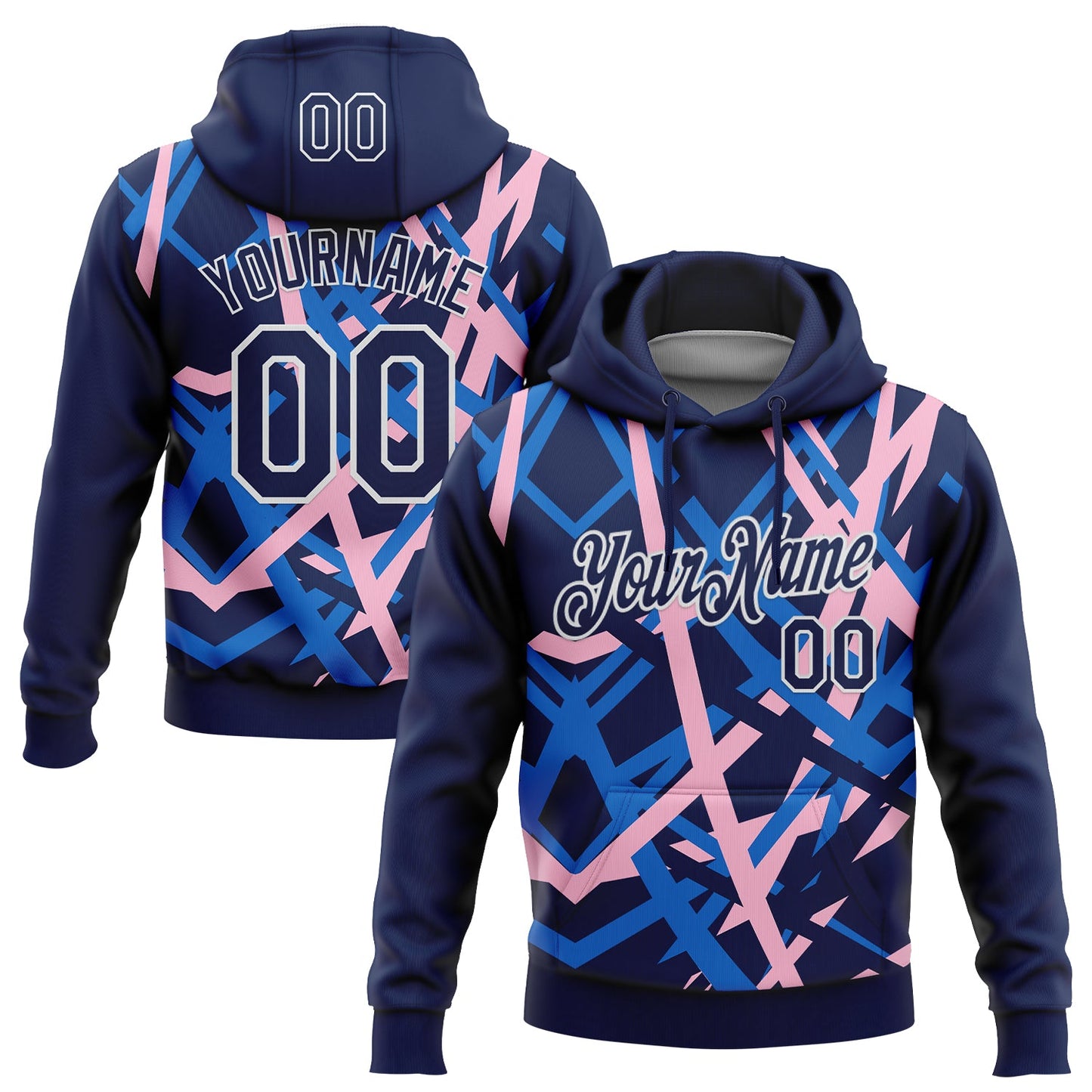 Custom Stitched Navy Blue Light Pink-White 3D Pattern Design Geometric Shape Sports Pullover Sweatshirt Hoodie - Main View