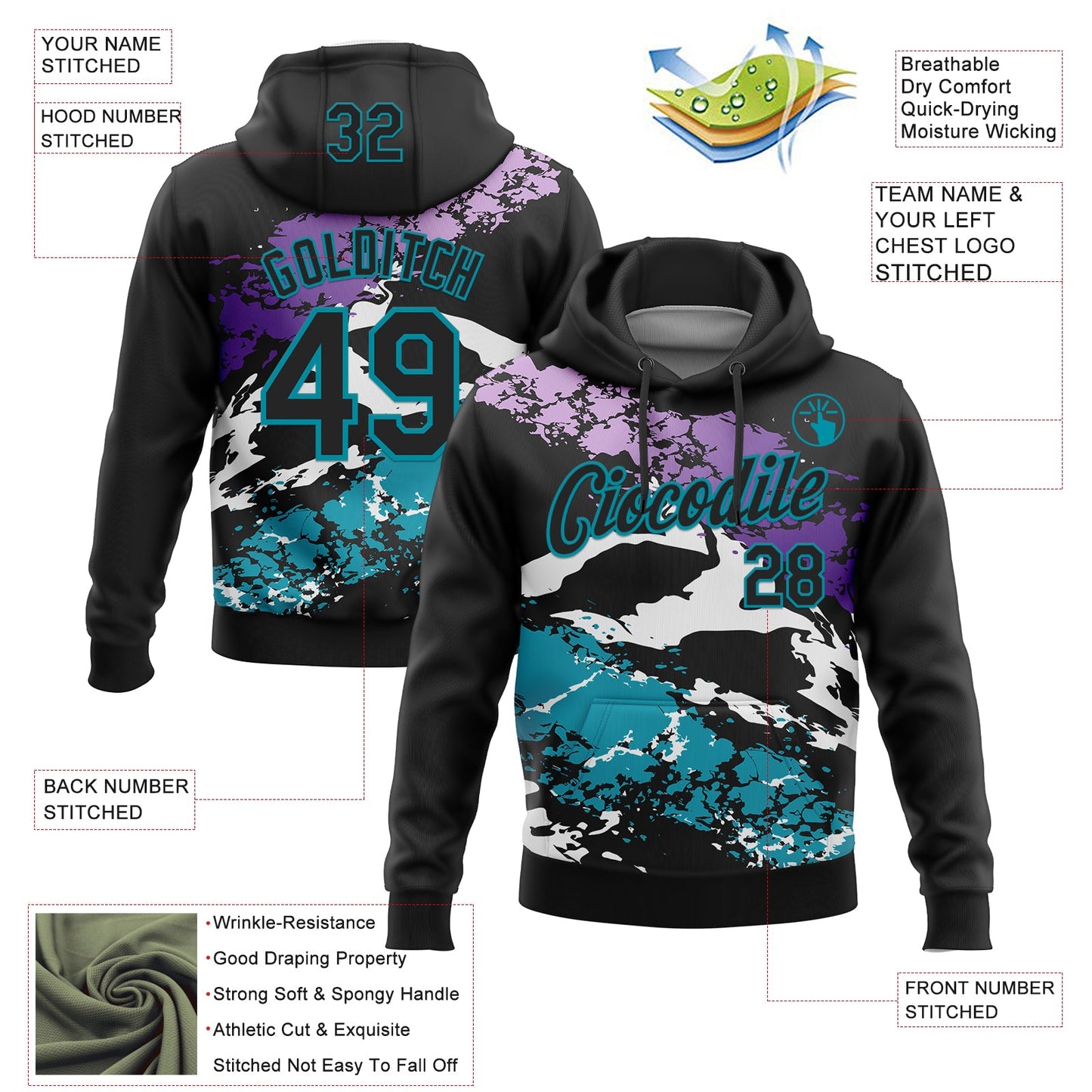 Custom Stitched Black Purple Teal-White 3D Pattern Design Splash Sports Pullover Sweatshirt Hoodie view 2