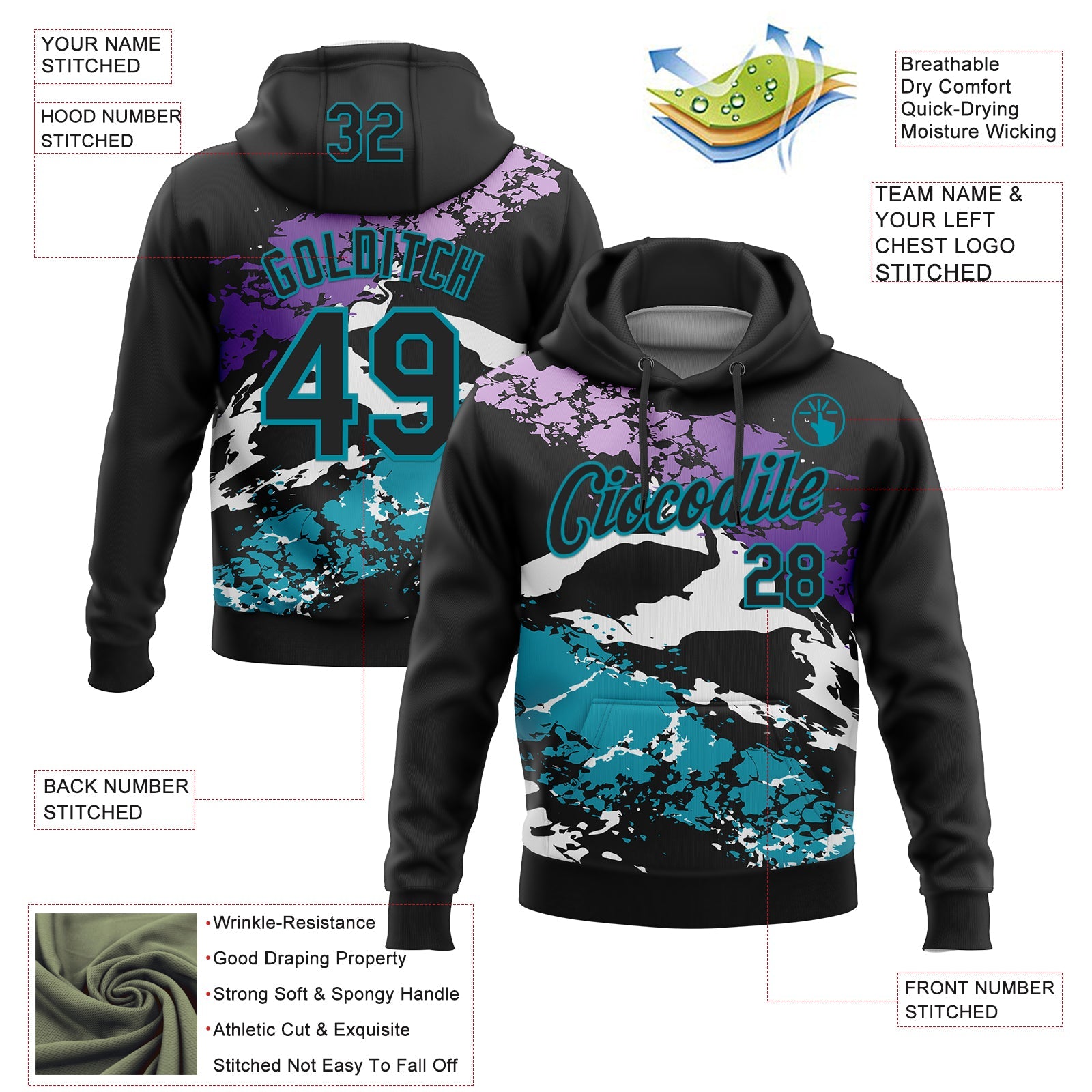Custom Stitched Black Purple Teal-White 3D Pattern Design Splash Sports Pullover Sweatshirt Hoodie view 2