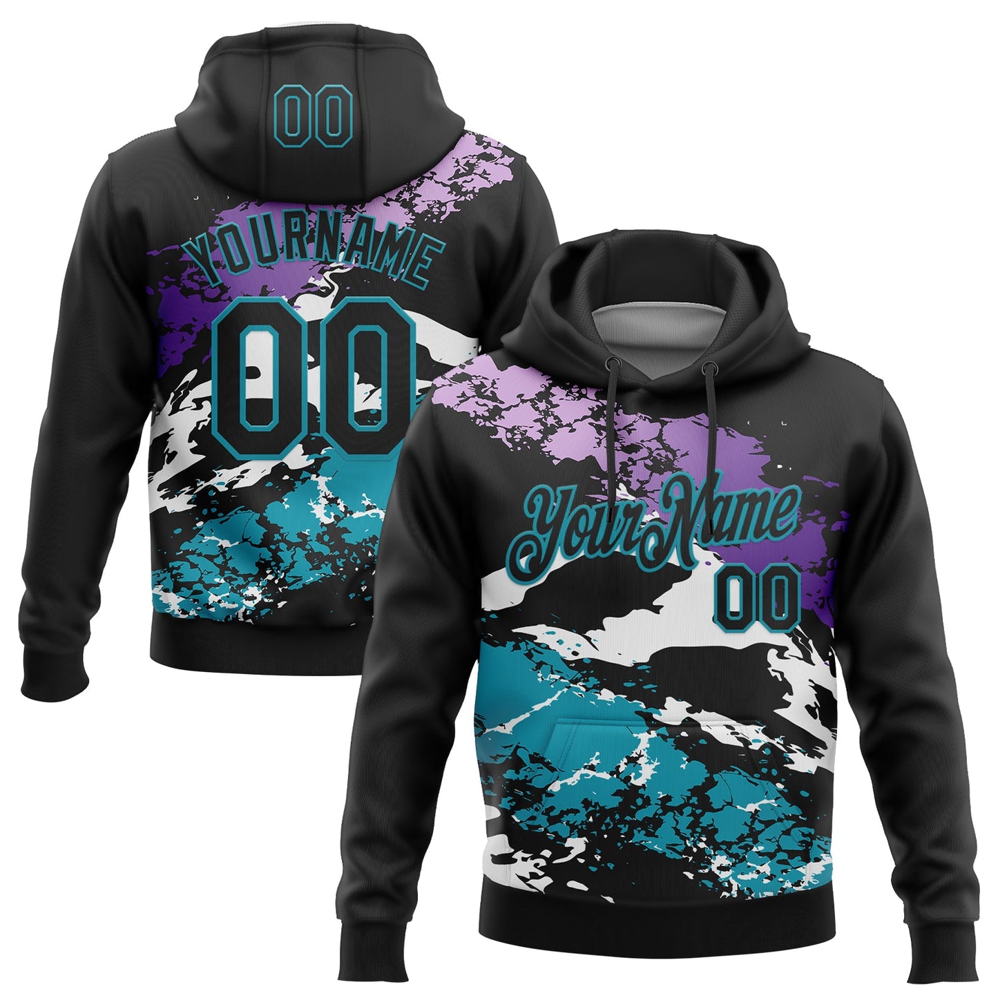 Custom Stitched Black Purple Teal-White 3D Pattern Design Splash Sports Pullover Sweatshirt Hoodie - Main View