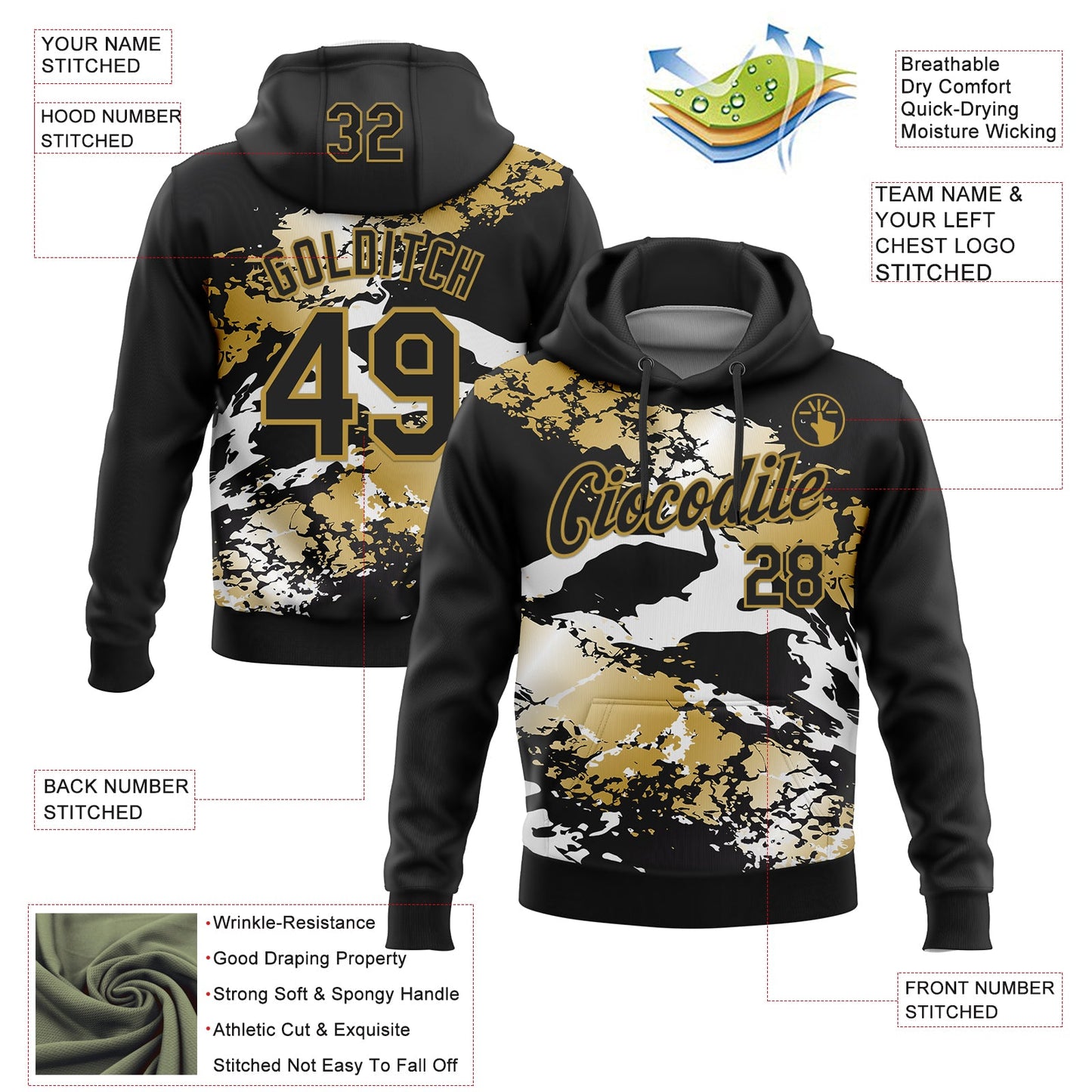 Custom Stitched Black Old Gold-White 3D Pattern Design Splash Sports Pullover Sweatshirt Hoodie view 2