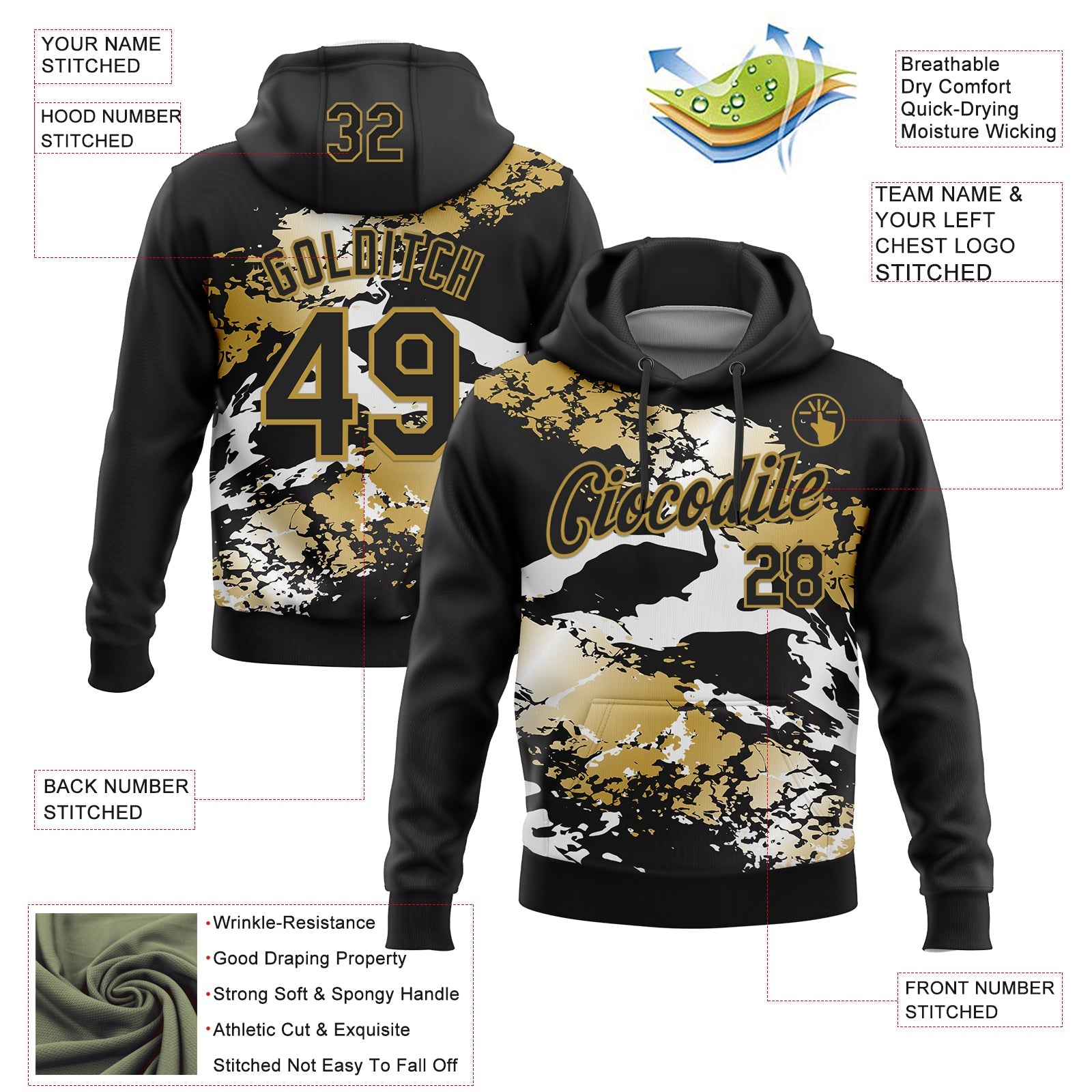 Custom Stitched Black Old Gold-White 3D Pattern Design Splash Sports Pullover Sweatshirt Hoodie view 2