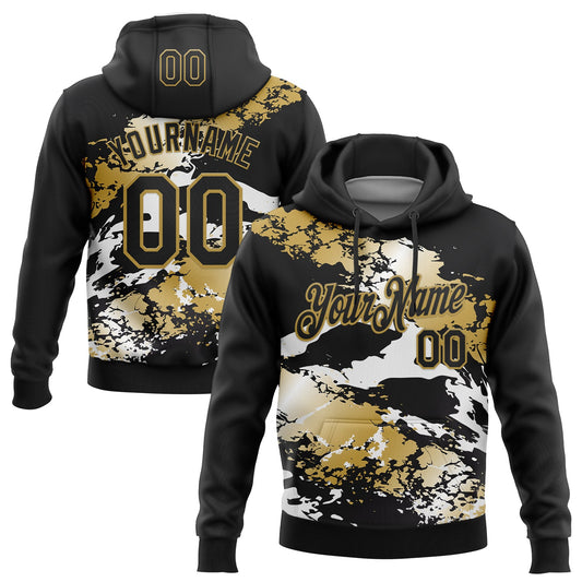 Custom Stitched Black Old Gold-White 3D Pattern Design Splash Sports Pullover Sweatshirt Hoodie - Main View