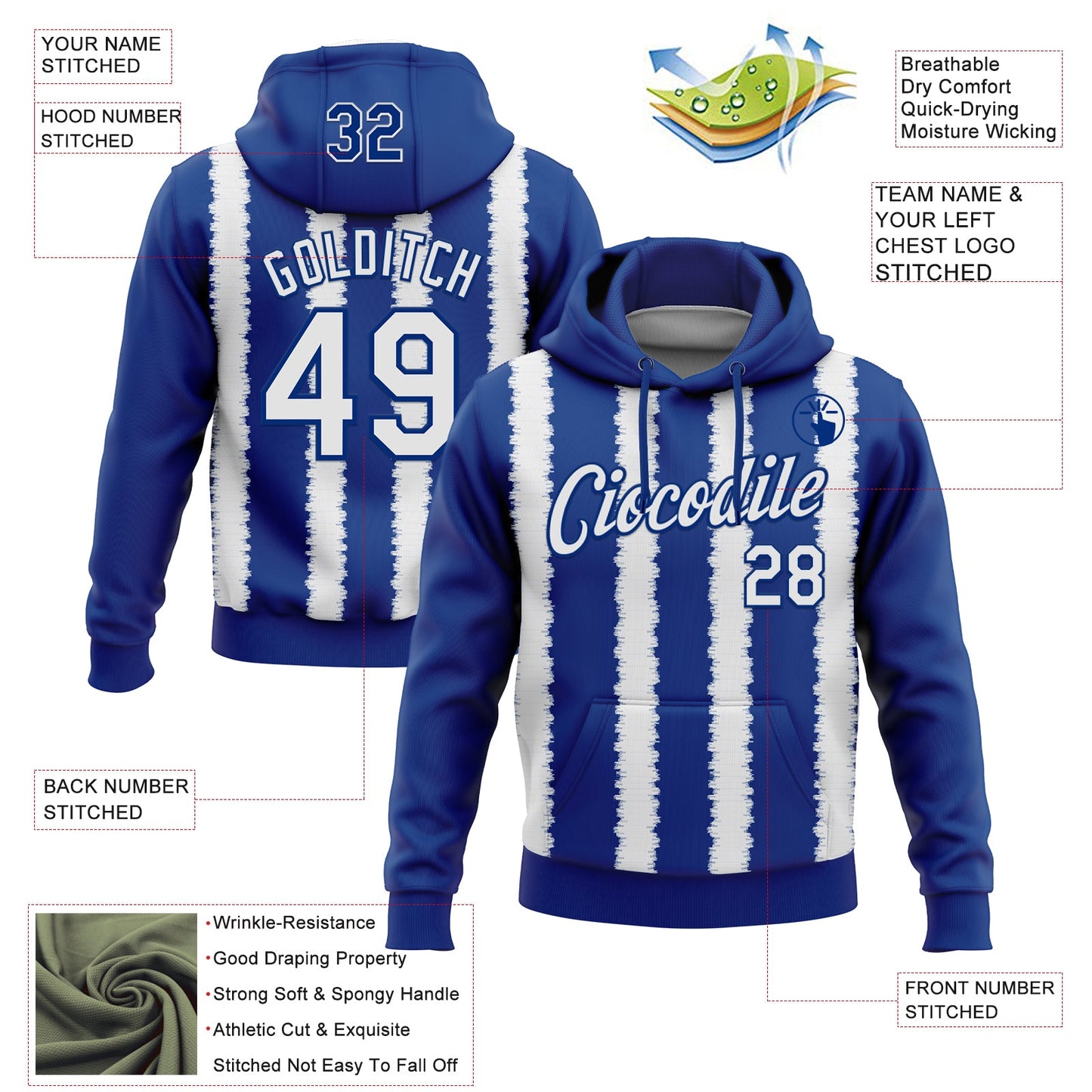 Custom Stitched Royal White 3D Pattern Design Line Sports Pullover Sweatshirt Hoodie view 2