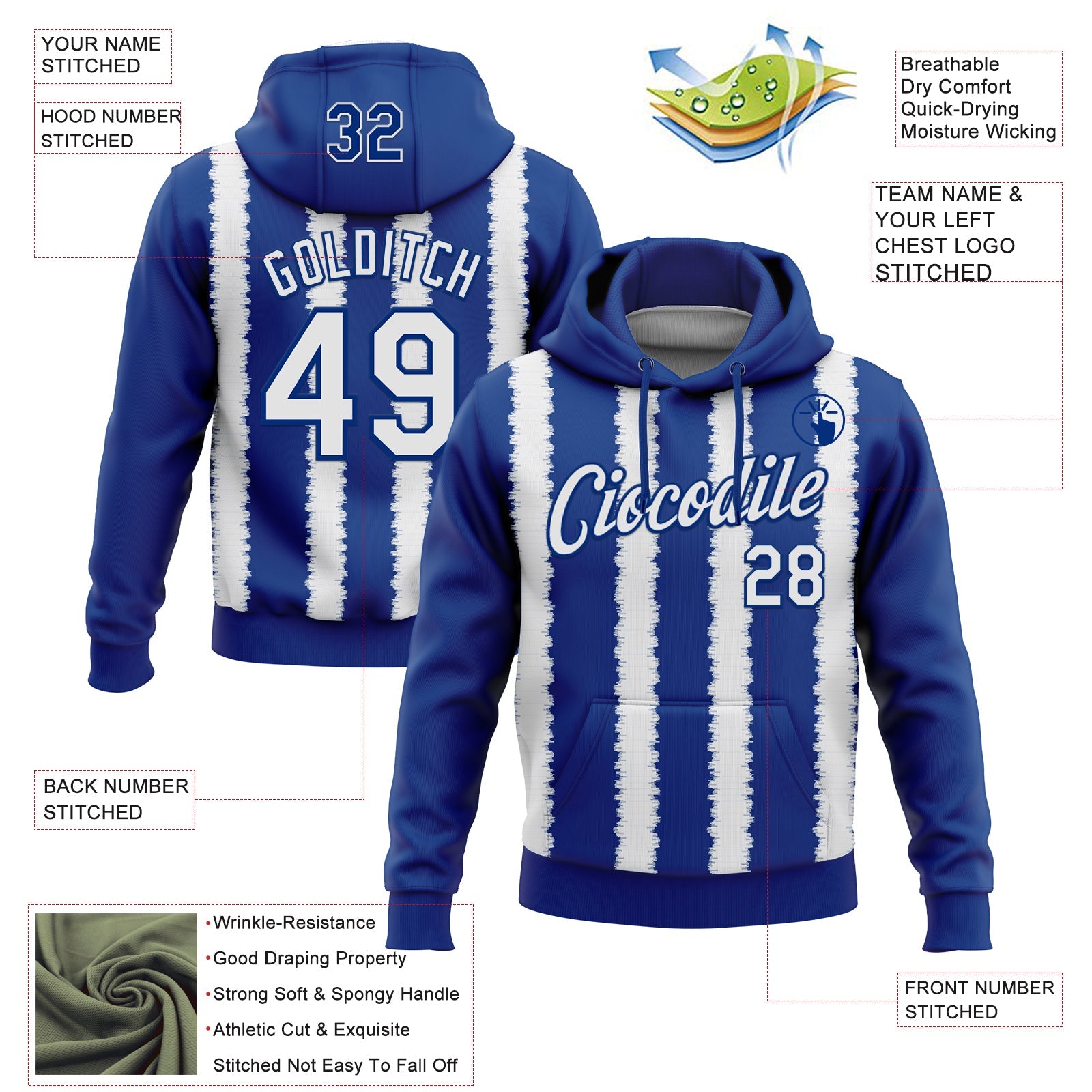 Custom Stitched Royal White 3D Pattern Design Line Sports Pullover Sweatshirt Hoodie view 2