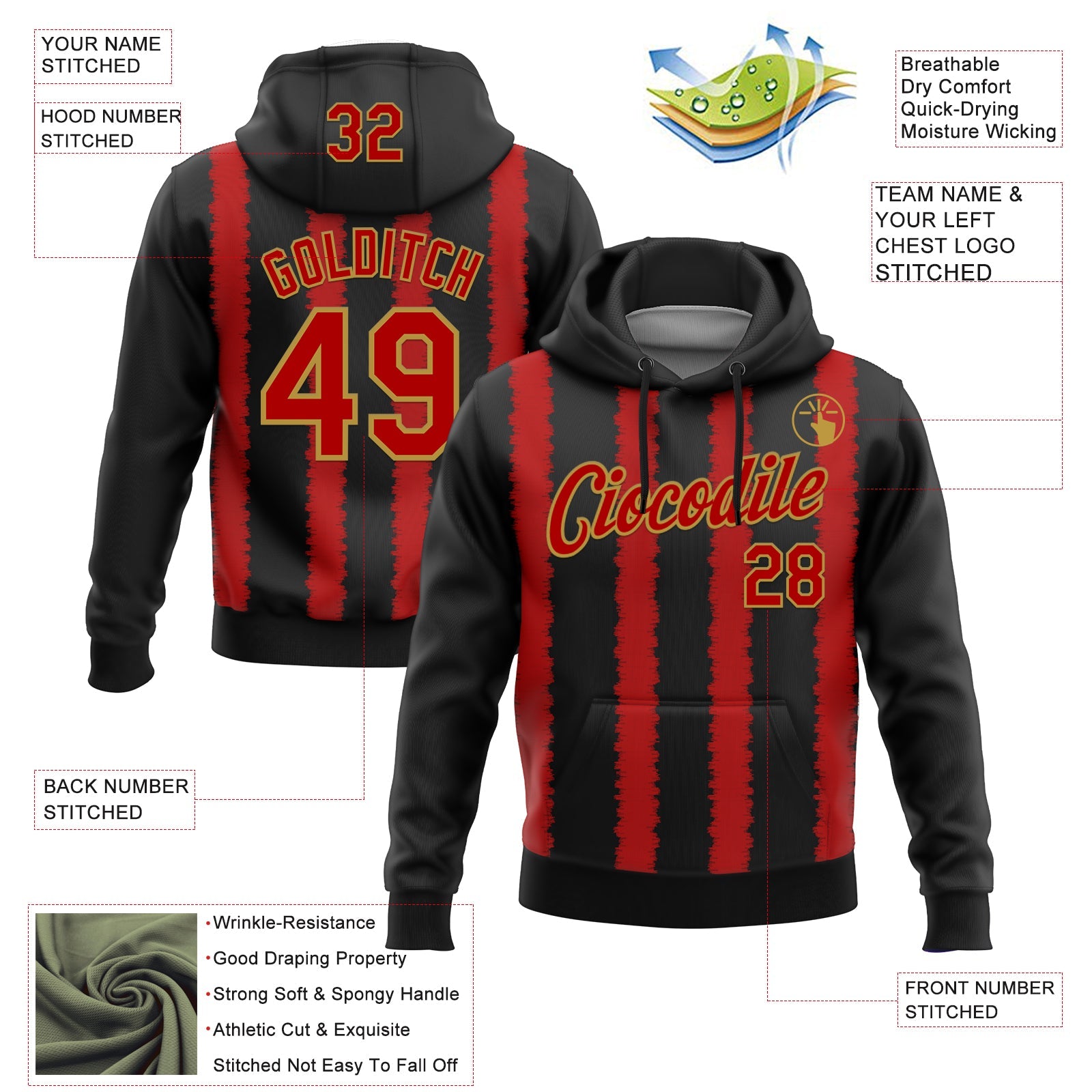Custom Stitched Black Red-Old Gold 3D Pattern Design Line Sports Pullover Sweatshirt Hoodie view 2