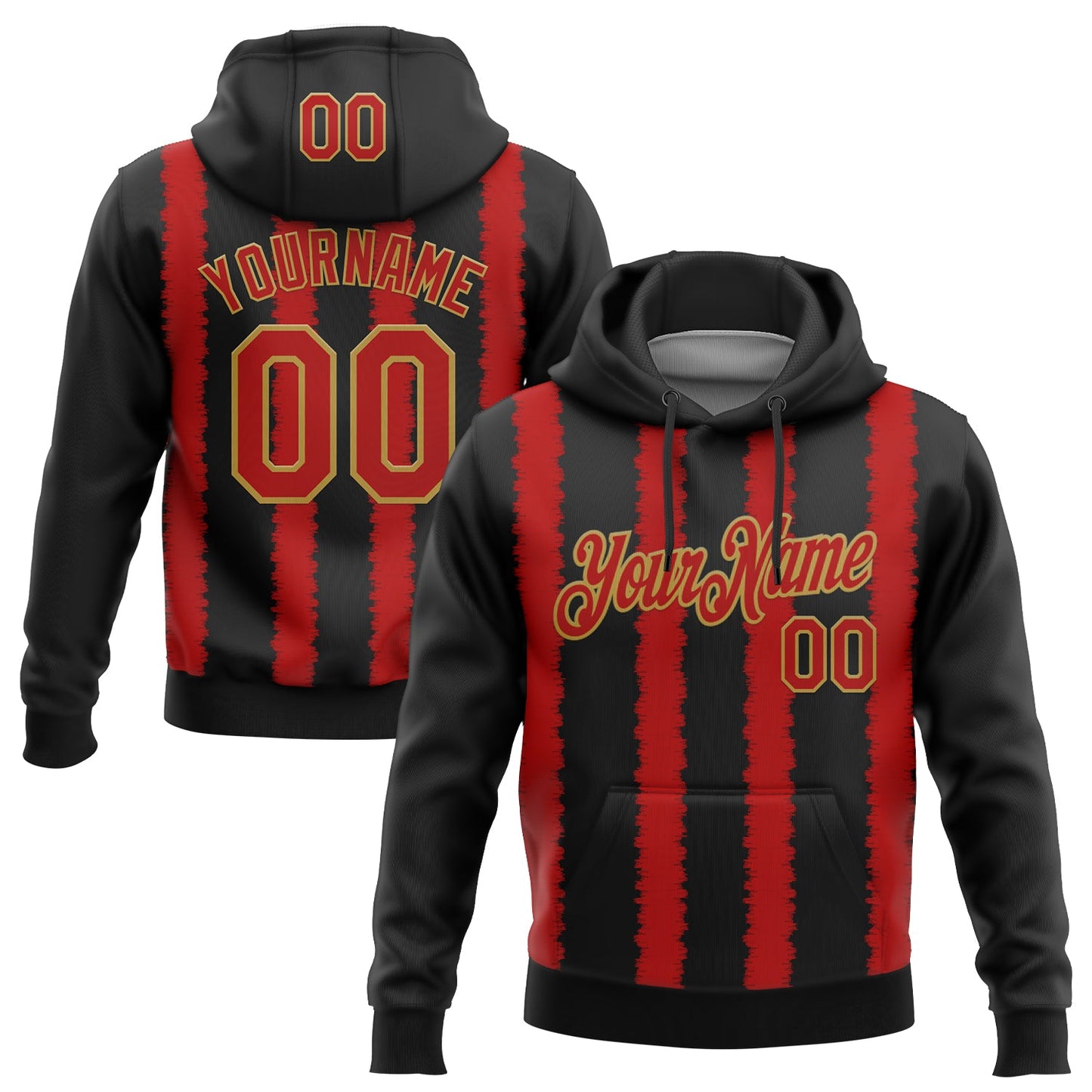 Custom Stitched Black Red-Old Gold 3D Pattern Design Line Sports Pullover Sweatshirt Hoodie - Main View