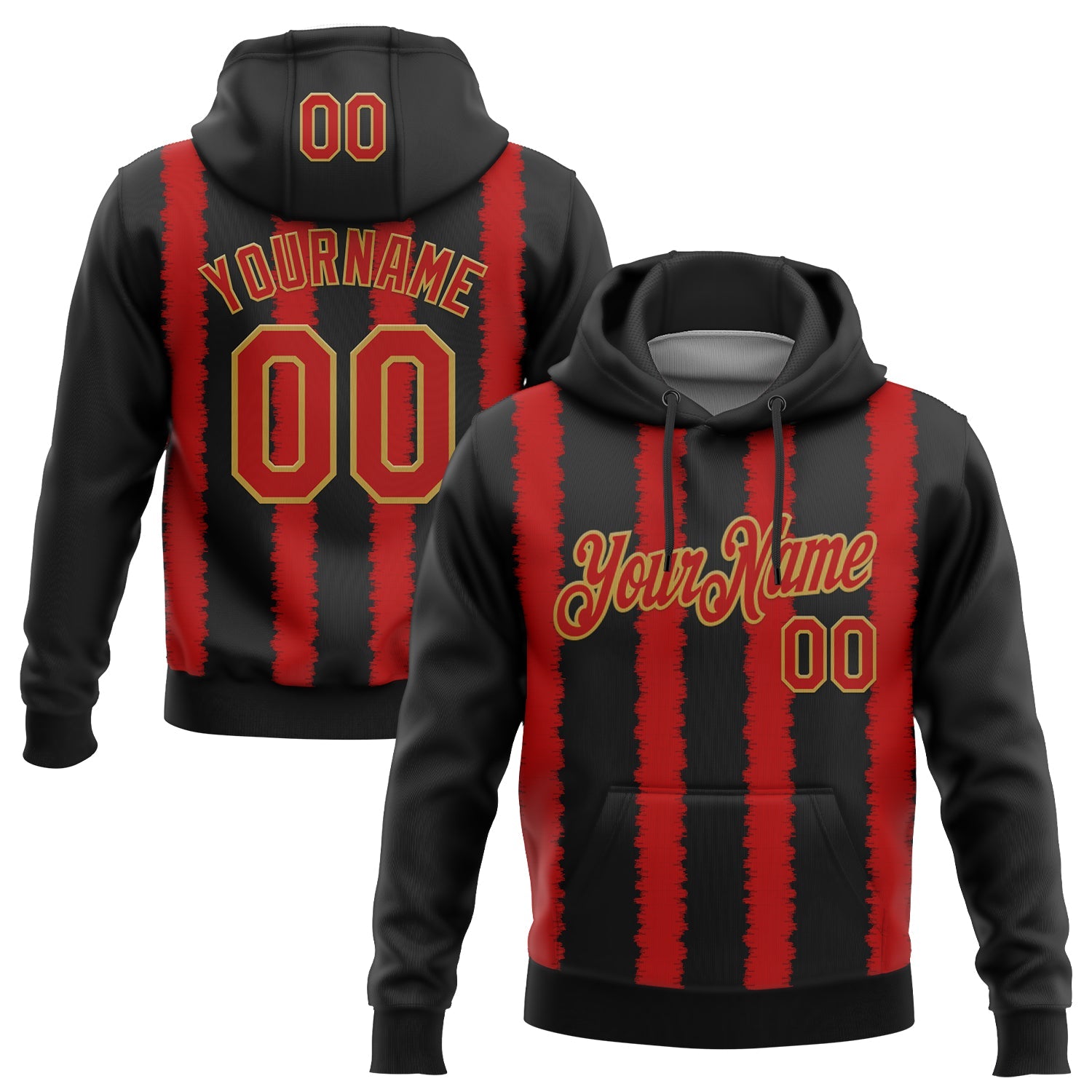 Custom Stitched Black Red-Old Gold 3D Pattern Design Line Sports Pullover Sweatshirt Hoodie - Main View