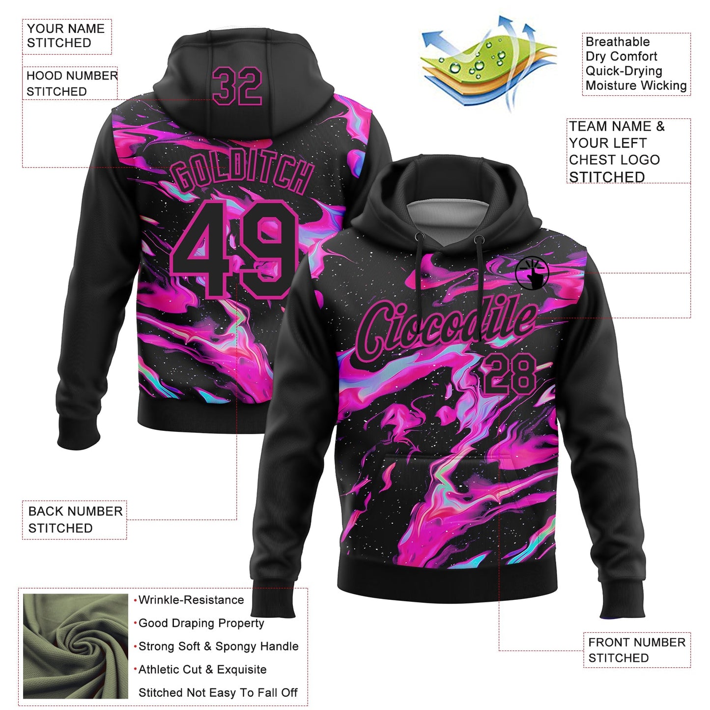 Custom Stitched Black Deep Pink 3D Pattern Design Abstract Trendy Holographic Vaporwave Style Sports Pullover Sweatshirt Hoodie view 2