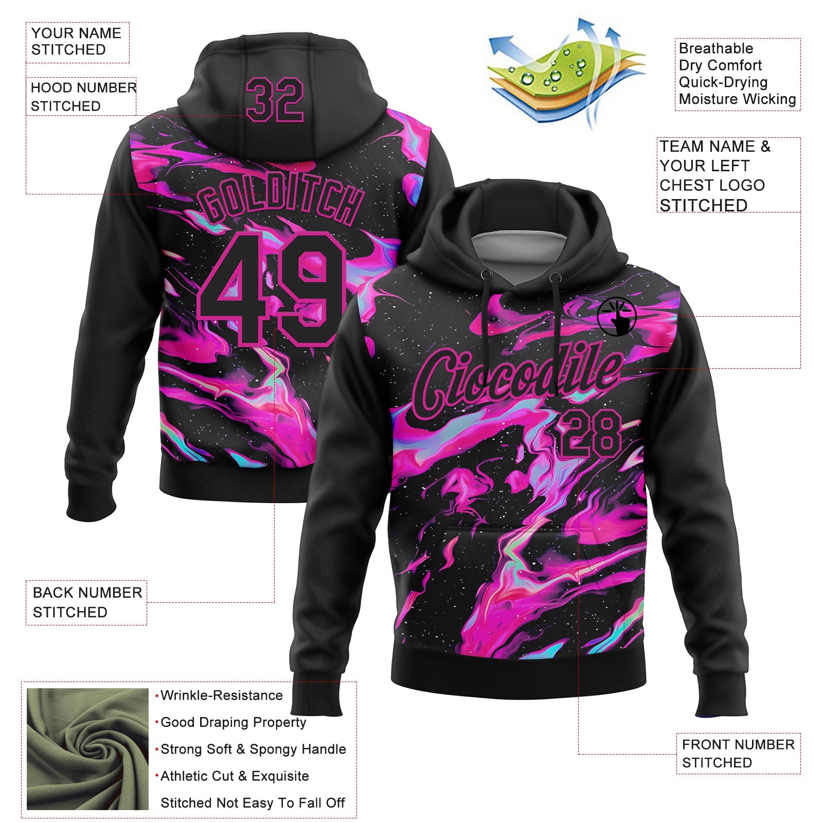 Custom Stitched Black Deep Pink 3D Pattern Design Abstract Trendy Holographic Vaporwave Style Sports Pullover Sweatshirt Hoodie view 2
