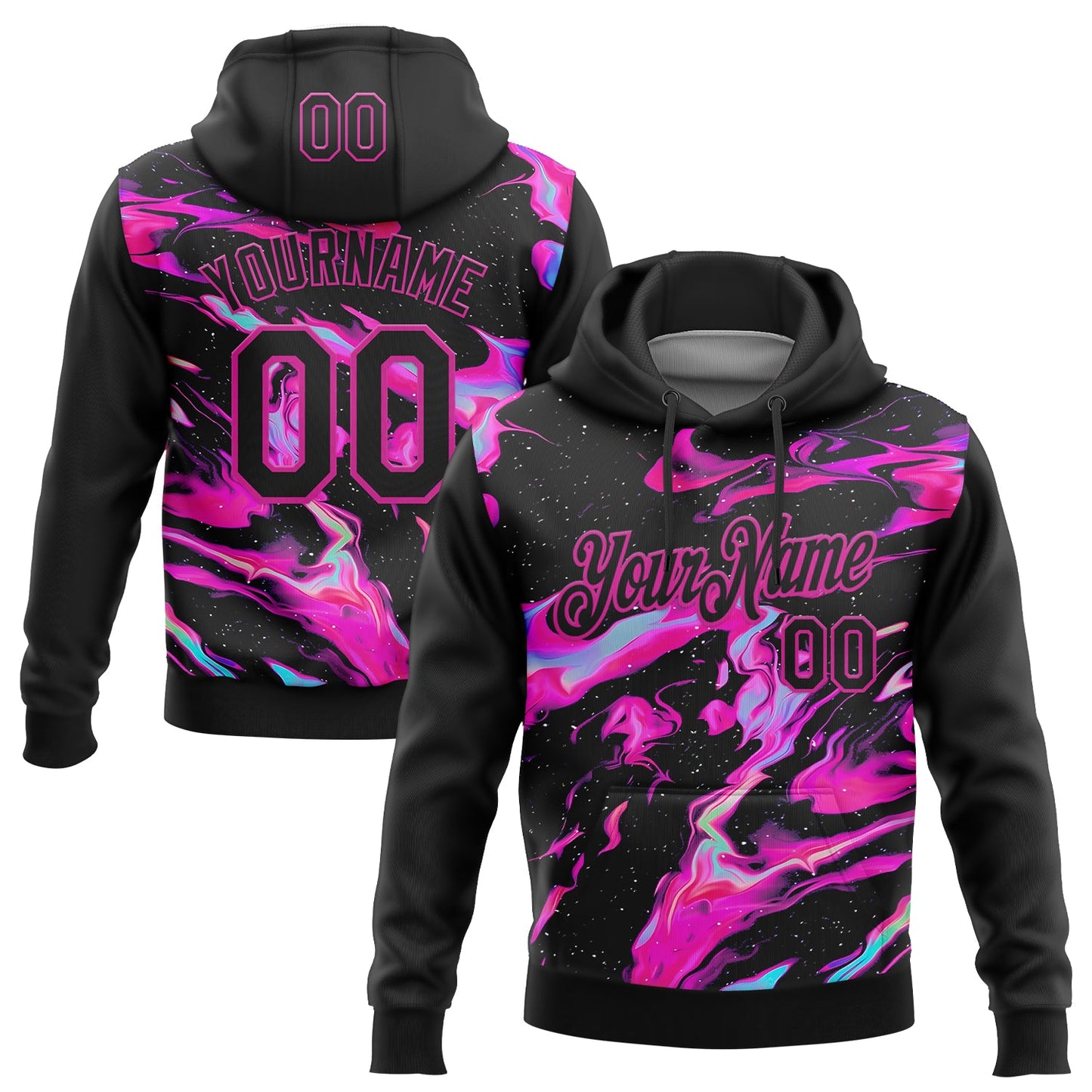 Custom Stitched Black Deep Pink 3D Pattern Design Abstract Trendy Holographic Vaporwave Style Sports Pullover Sweatshirt Hoodie - Main View