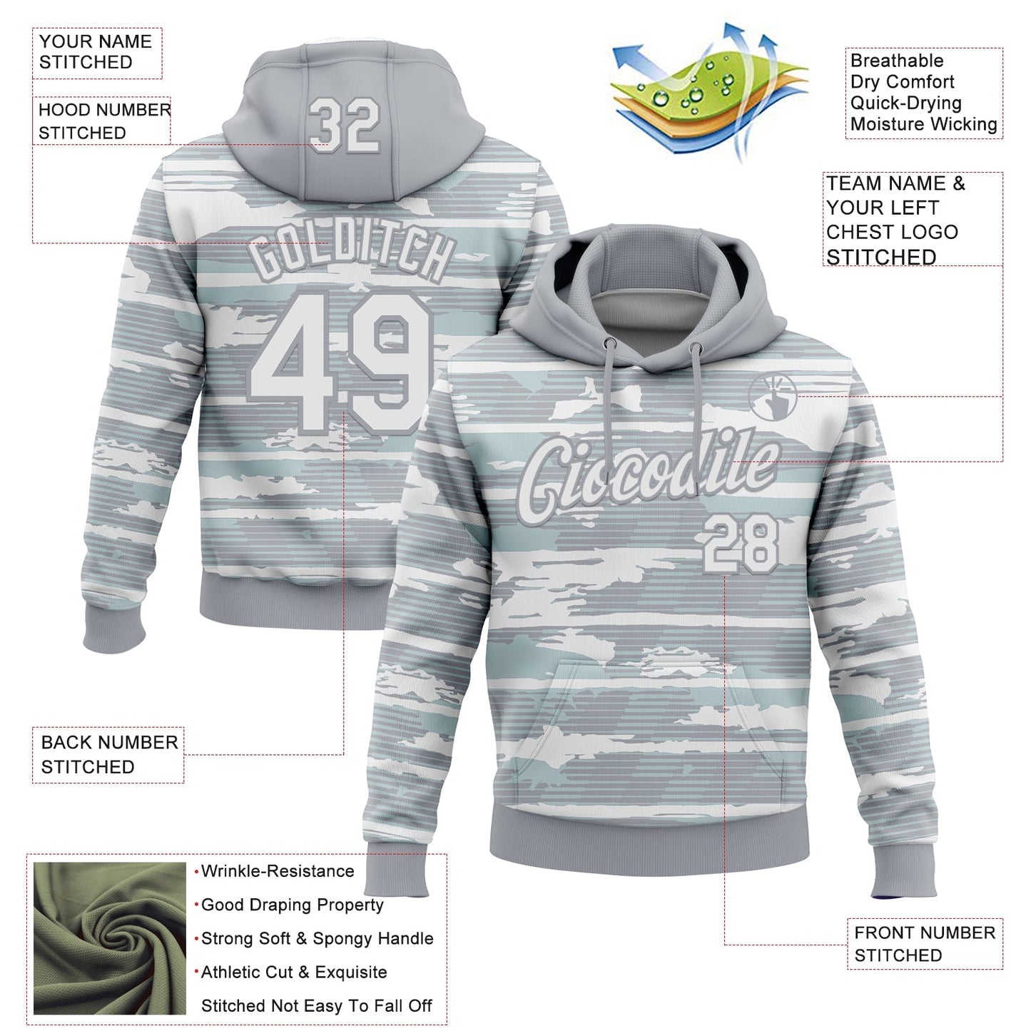 Custom Stitched Gray White 3D Pattern Design Line Sports Pullover Sweatshirt Hoodie view 2