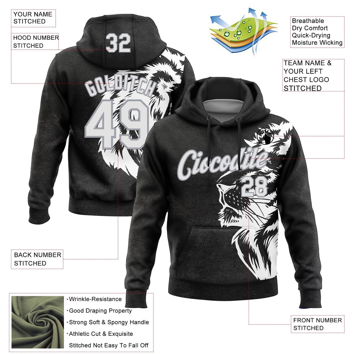Custom Stitched Black White-Gray 3D Pattern Design Animal Lion Sports Pullover Sweatshirt Hoodie view 2