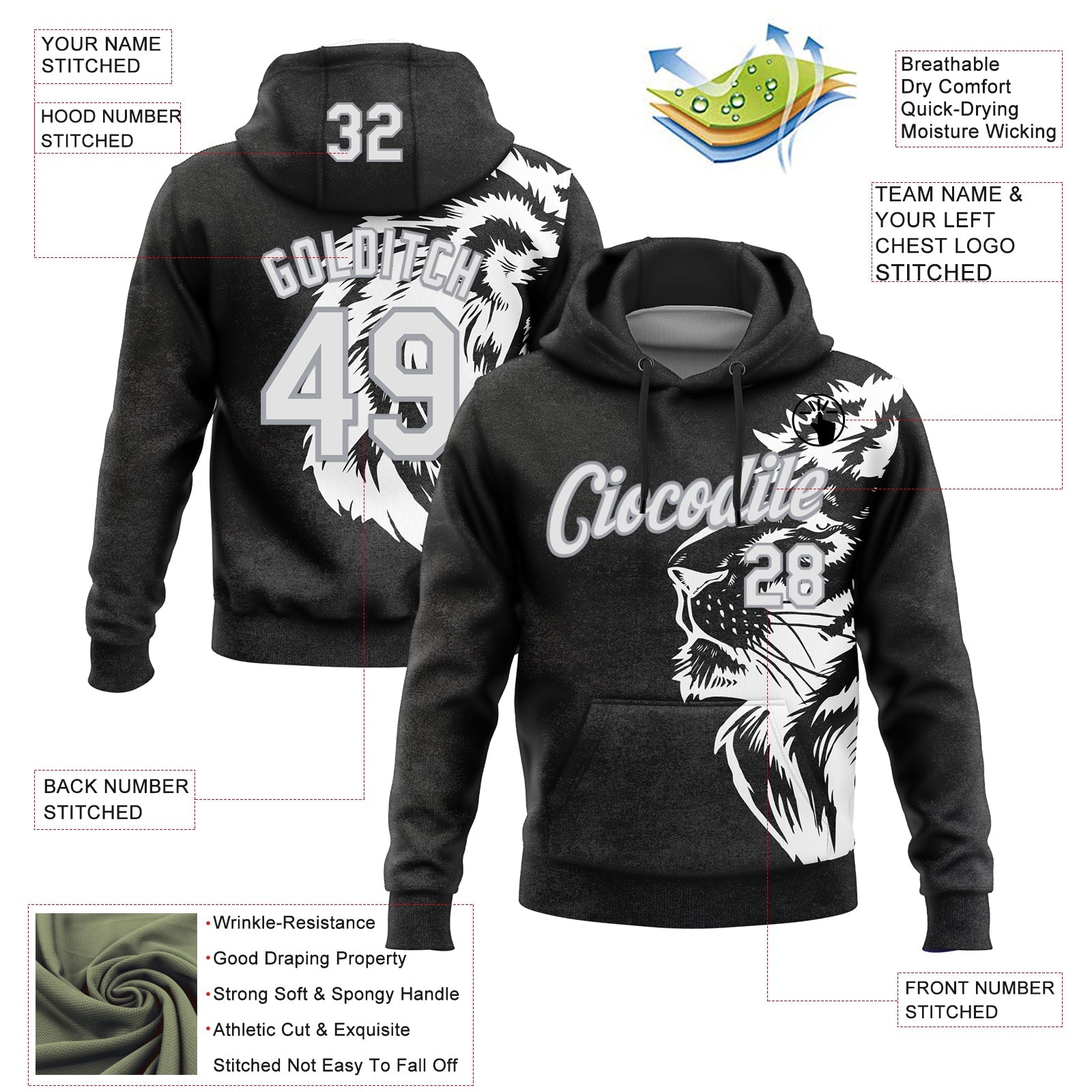 Custom Stitched Black White-Gray 3D Pattern Design Animal Lion Sports Pullover Sweatshirt Hoodie view 2