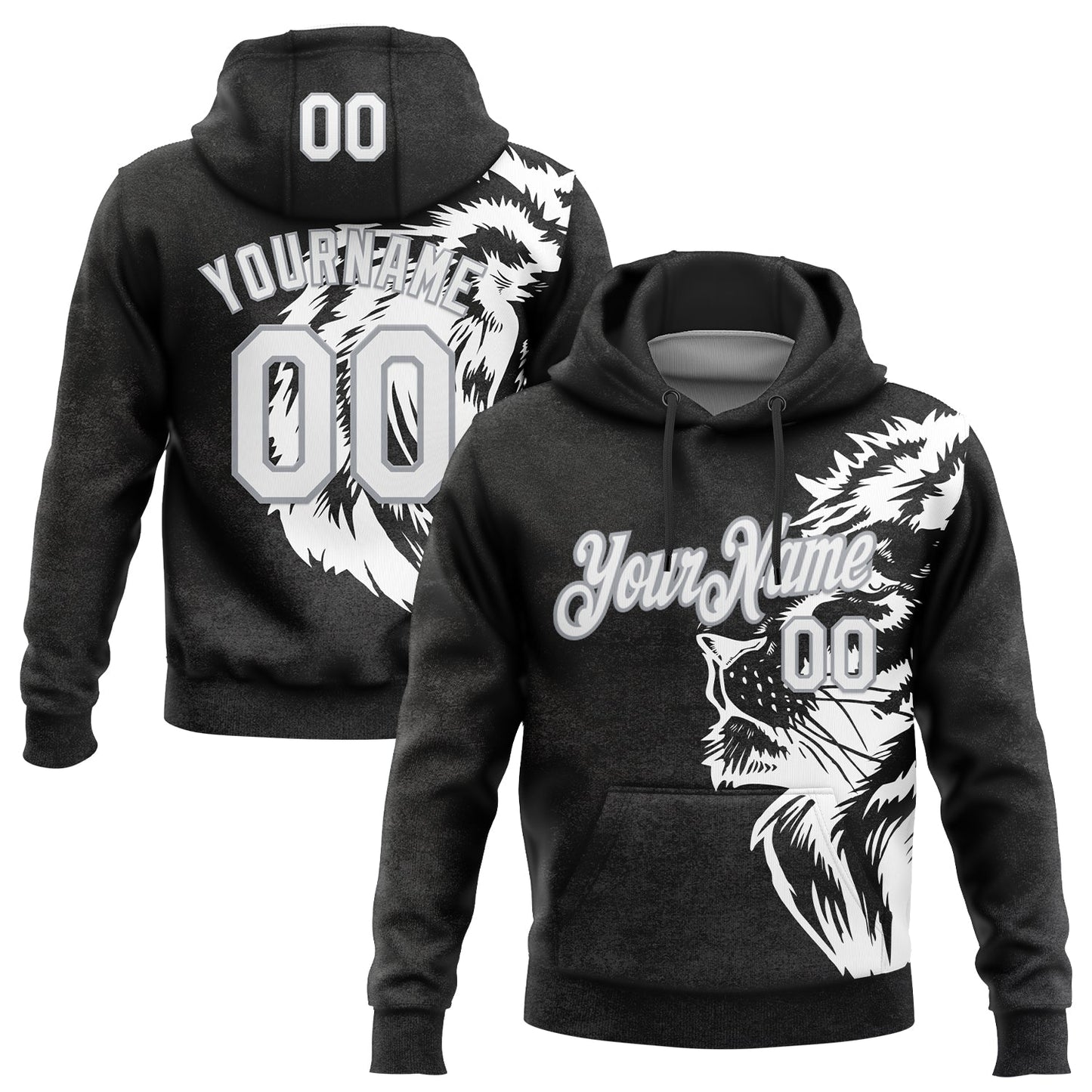 Custom Stitched Black White-Gray 3D Pattern Design Animal Lion Sports Pullover Sweatshirt Hoodie - Main View