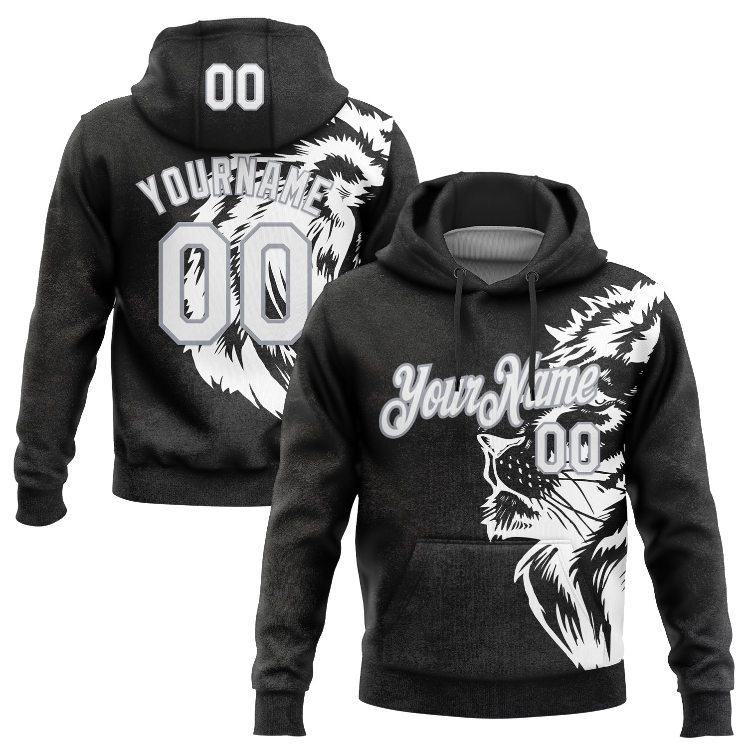 Custom Stitched Black White-Gray 3D Pattern Design Animal Lion Sports Pullover Sweatshirt Hoodie - Main View