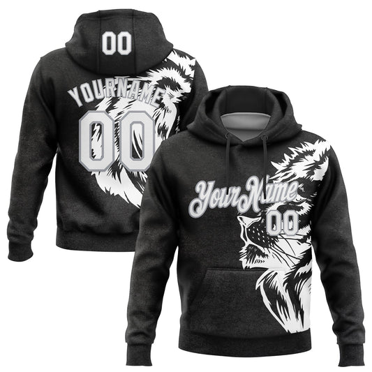 Custom Stitched Black White-Gray 3D Pattern Design Animal Lion Sports Pullover Sweatshirt Hoodie - Main View