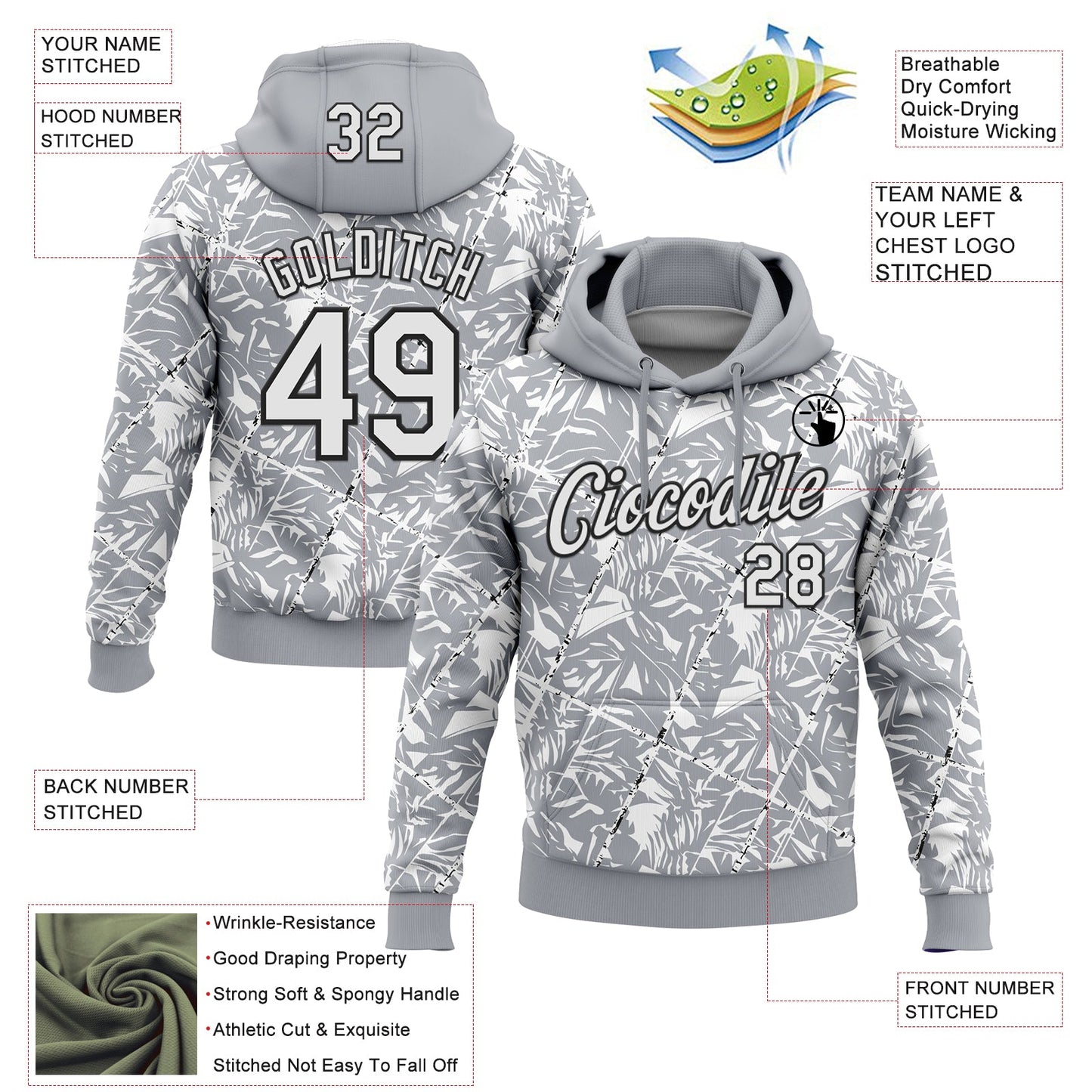Custom Stitched Gray White-Black 3D Pattern Design Grunge Art Sports Pullover Sweatshirt Hoodie view 2
