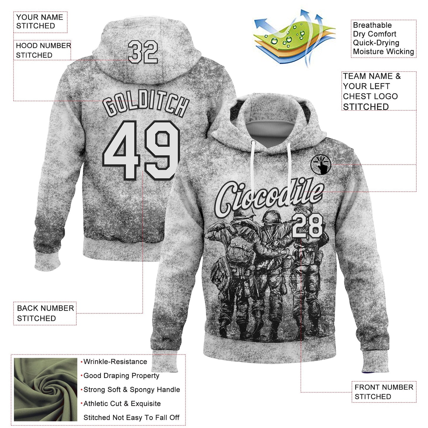 Custom Stitched Gray White-Black 3D Pattern Design Soldier Sports Pullover Sweatshirt Hoodie view 2