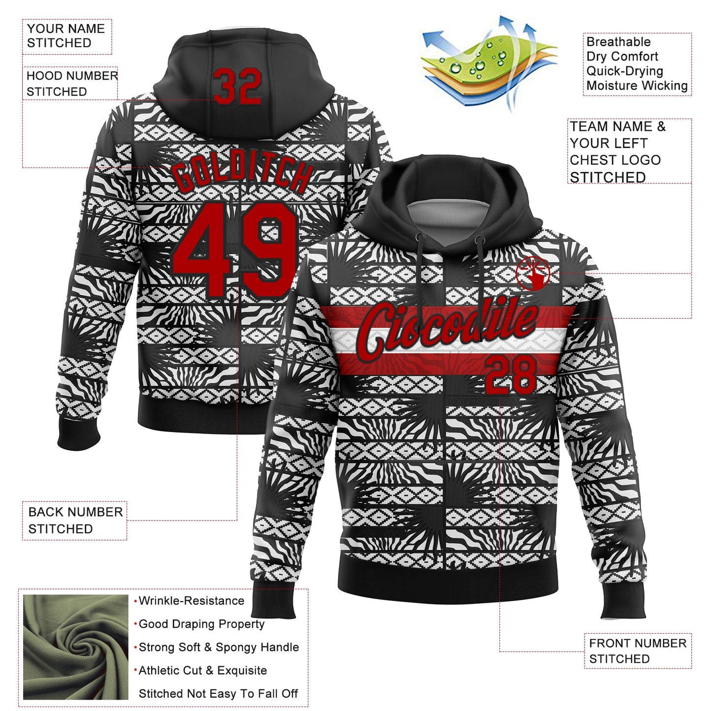 Custom Stitched Black Red-White 3D Pattern Design Geometric Shape Sports Pullover Sweatshirt Hoodie view 2
