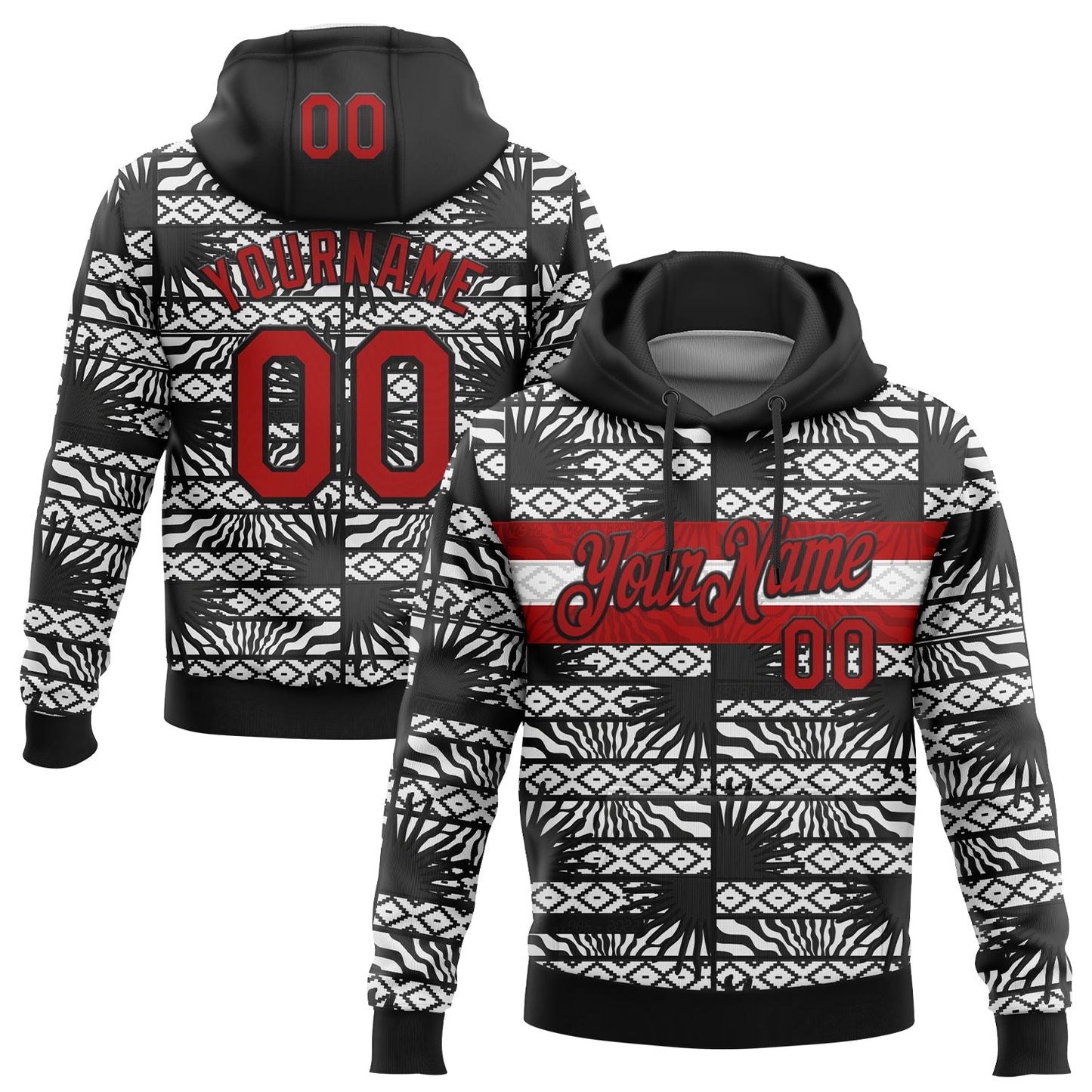 Custom Stitched Black Red-White 3D Pattern Design Geometric Shape Sports Pullover Sweatshirt Hoodie - Main View