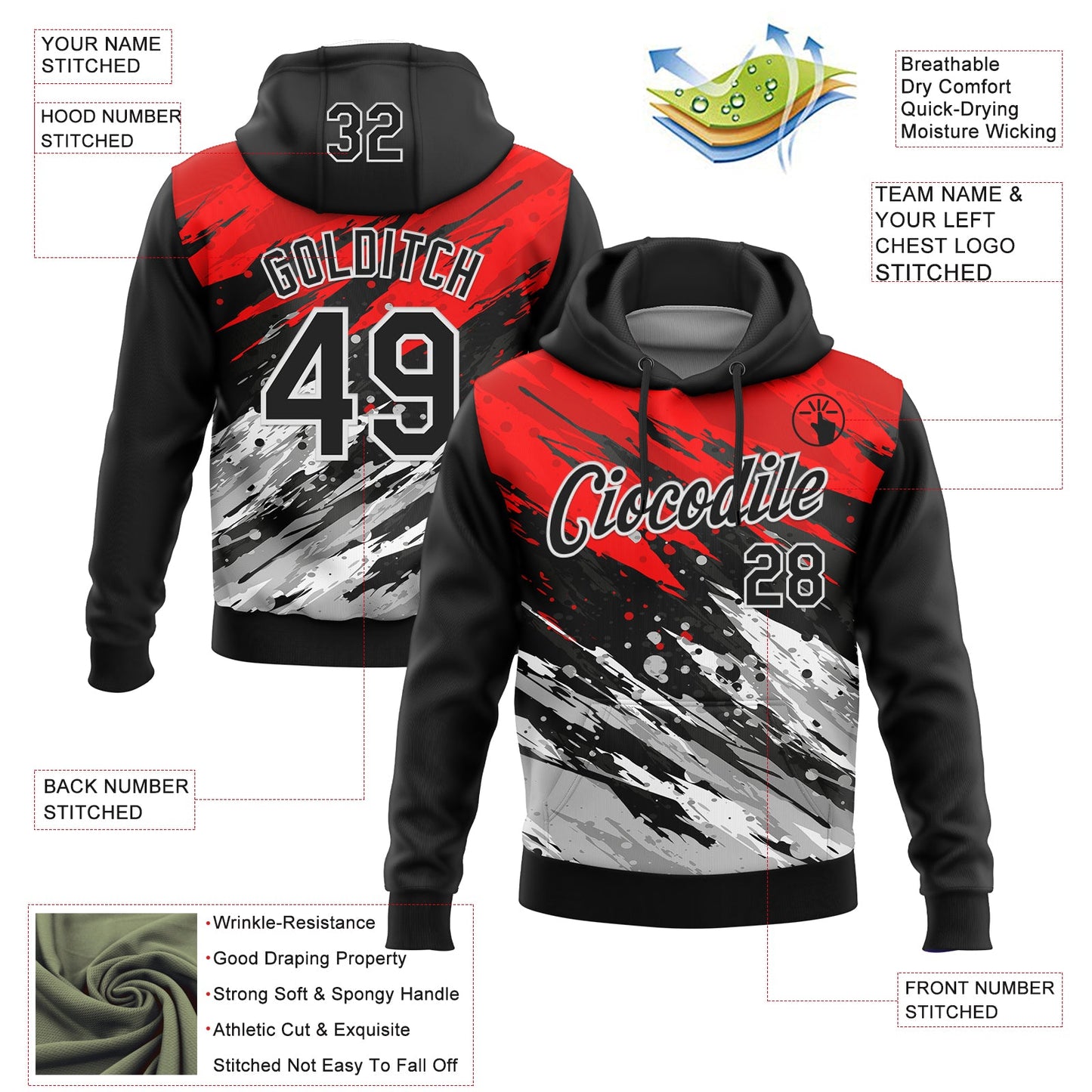 Custom Stitched Black Red-White 3D Pattern Design Splash Sports Pullover Sweatshirt Hoodie view 2