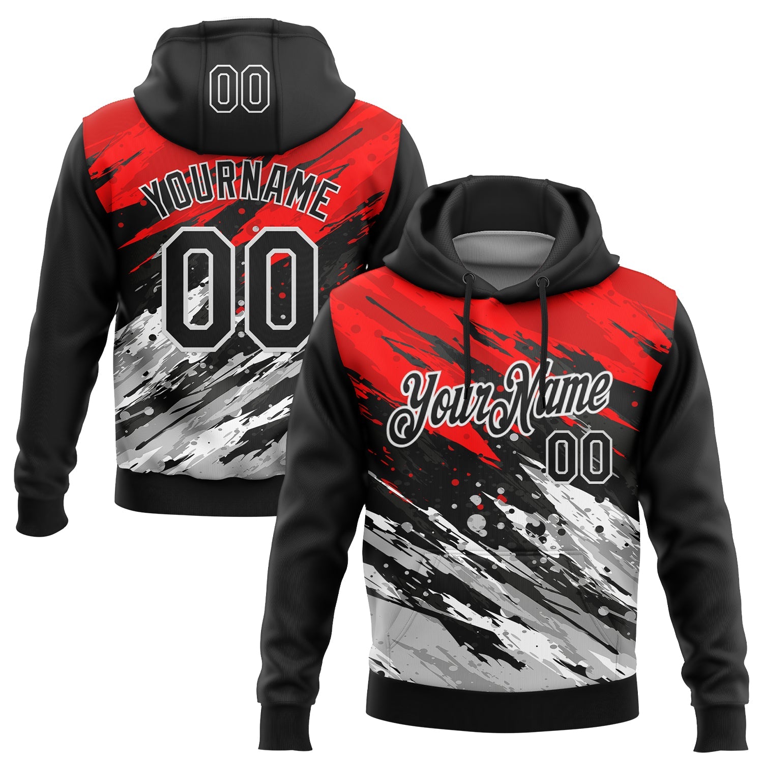 Custom Stitched Black Red-White 3D Pattern Design Splash Sports Pullover Sweatshirt Hoodie - Main View